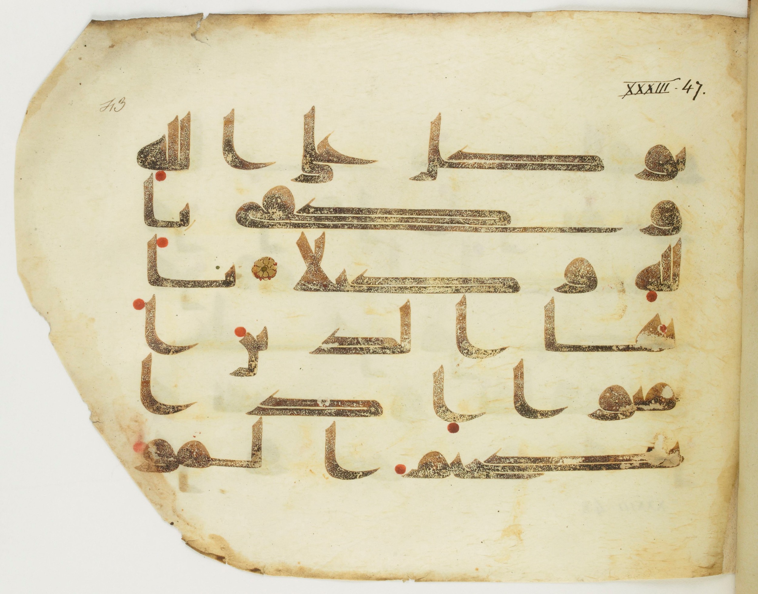 Paris, Bibliothèque nationale de France, Arabe 346 (c) (Scan 1), in Kūfī D.I script, showing Surah 33:49 from 8th to 9th Century AD found in Fustat (Old Cairo), Egypt, currently housed at Bibliothèque nationale de France, Paris