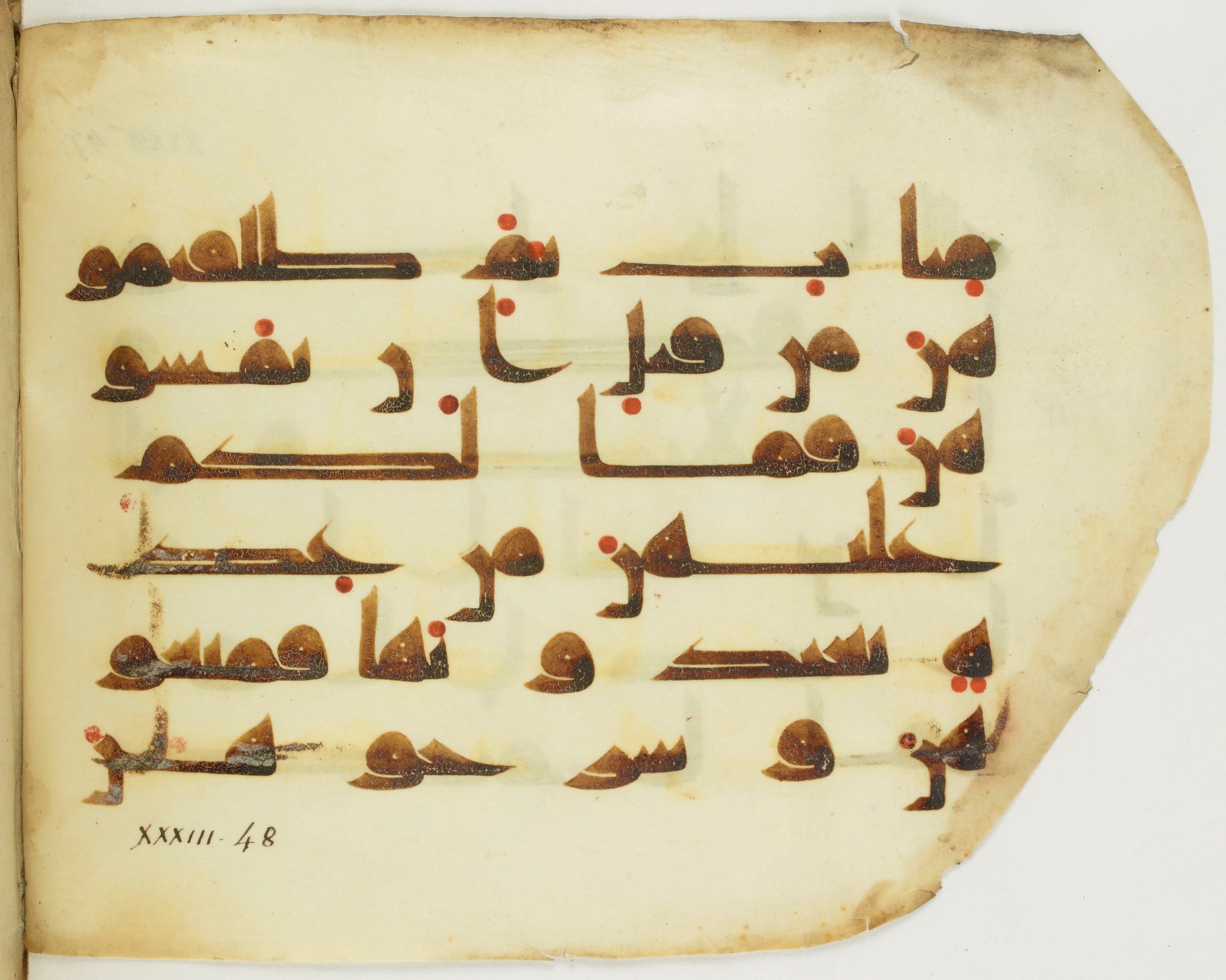 Paris, Bibliothèque nationale de France, Arabe 346 (c) (Scan 2), in Kūfī D.I script, showing Surah 33:49 from 8th to 9th Century AD found in Fustat (Old Cairo), Egypt, currently housed at Bibliothèque nationale de France, Paris