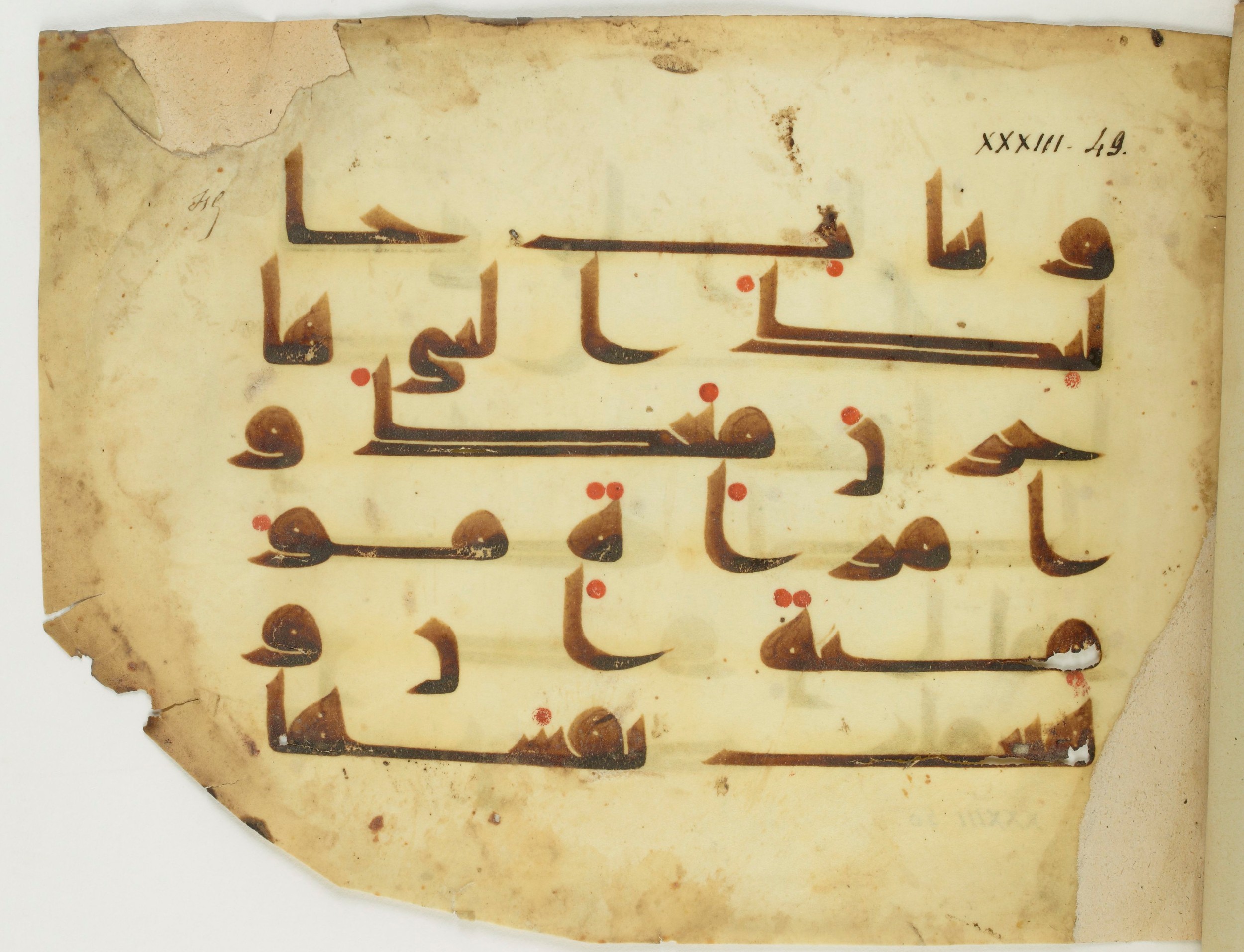 Paris, Bibliothèque nationale de France, Arabe 346 (c) (Scan 3), in Kūfī D.I script, showing Surah 33:50 from 8th to 9th Century AD found in Fustat (Old Cairo), Egypt, currently housed at Bibliothèque nationale de France, Paris