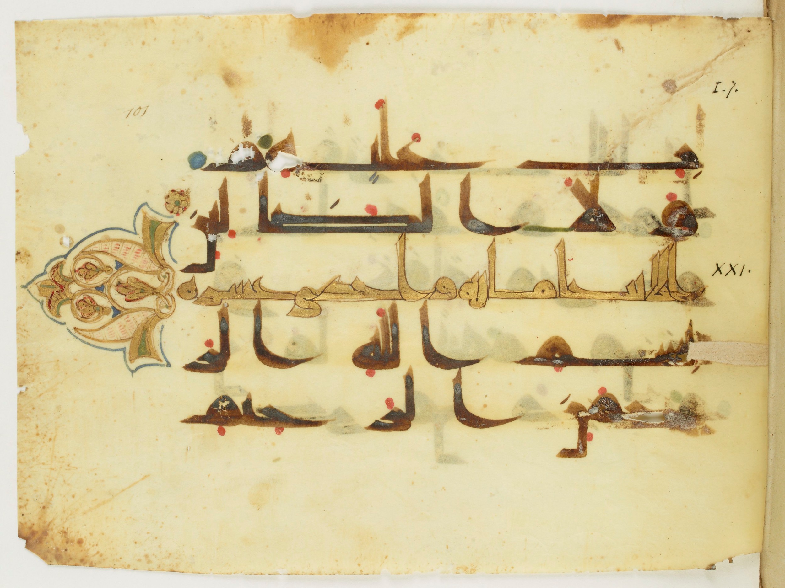 Paris, Bibliothèque nationale de France, Arabe 346 (d) (Scan 2), in Kufic (type D V a) script, showing Surah 1:7 from Mid 8th to Late 9th Century AD found in Fustat (Old Cairo), Egypt, currently housed at Bibliothèque nationale de France, Paris