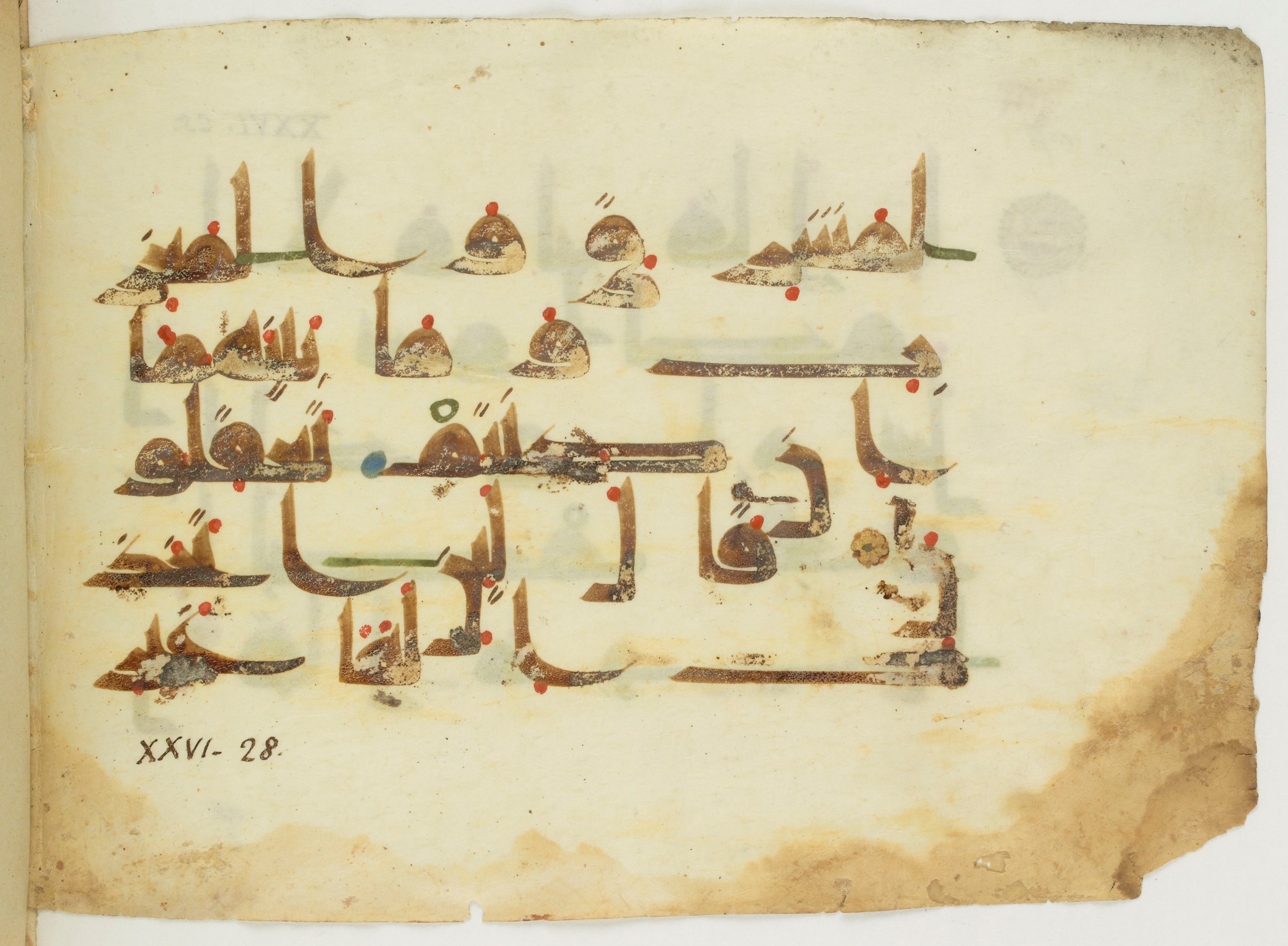 Paris, Bibliothèque nationale de France, Arabe 346 (d) (Scan 2), in Kufic (type D V a) script, showing Surah 26:28 from Mid 8th to Late 9th Century AD found in Fustat (Old Cairo), Egypt, currently housed at Bibliothèque nationale de France, Paris