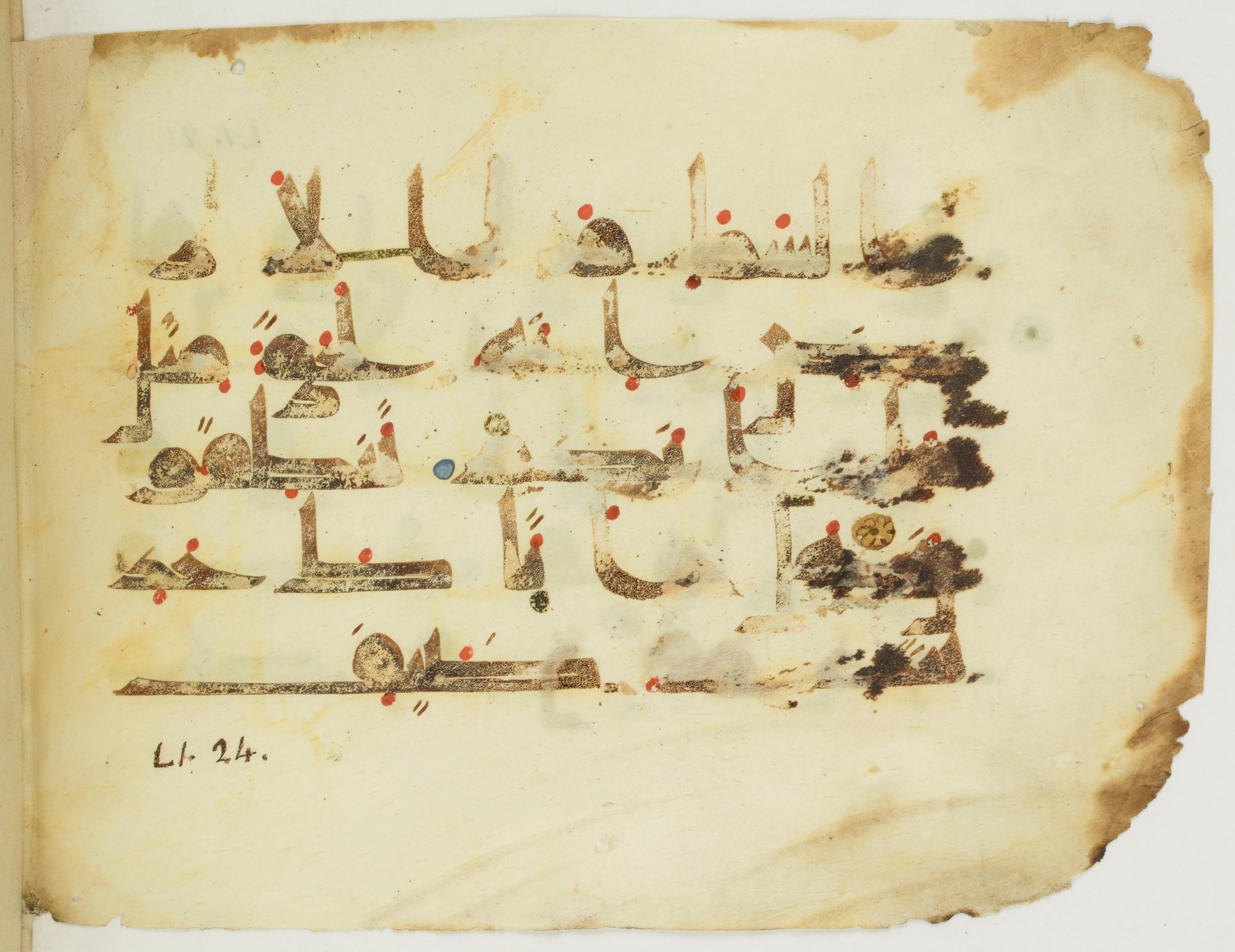 Paris, Bibliothèque nationale de France, Arabe 346 (d) (Scan 1), in Kufic (type D V a) script, showing Surah 51:24 from Mid 8th to Late 9th Century AD found in Fustat (Old Cairo), Egypt, currently housed at Bibliothèque nationale de France, Paris