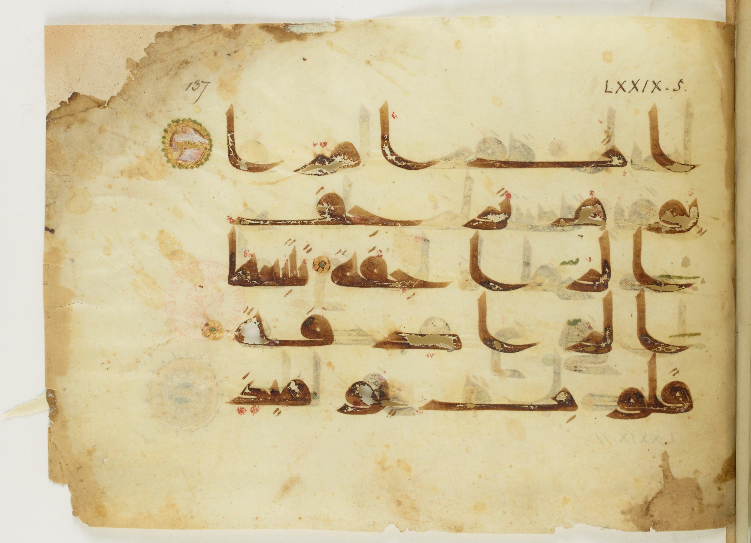 Paris, Bibliothèque nationale de France, Arabe 346 (d) (Scan 1), in Kufic (type D V a) script, showing Surah 79:8 from Mid 8th to Late 9th Century AD found in Fustat (Old Cairo), Egypt, currently housed at Bibliothèque nationale de France, Paris