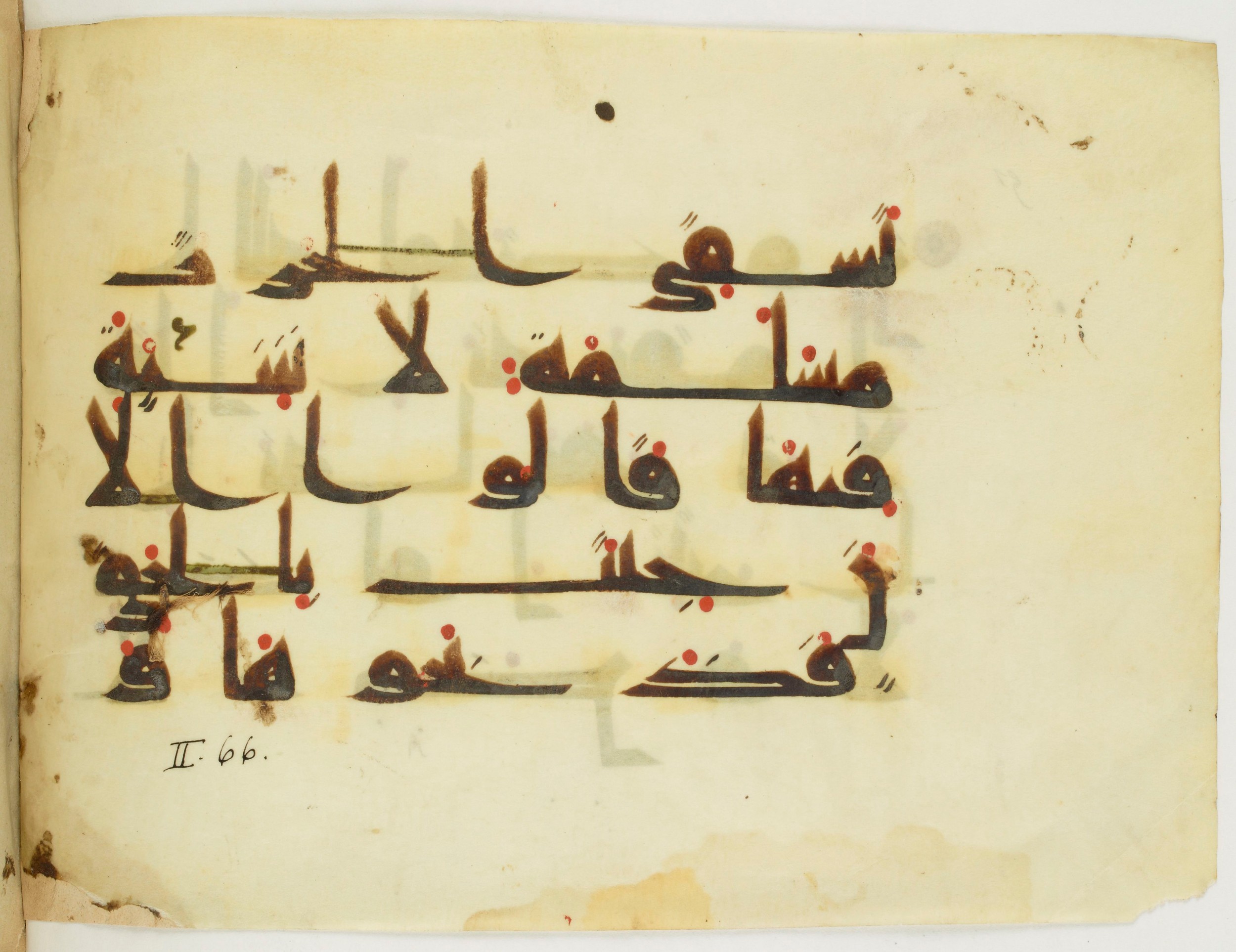Paris, Bibliothèque nationale de France, Arabe 346 (d) (Scan 2), in Kufic (type D V a) script, showing Surah 2:71 from Mid 8th to Late 9th Century AD found in Fustat (Old Cairo), Egypt, currently housed at Bibliothèque nationale de France, Paris