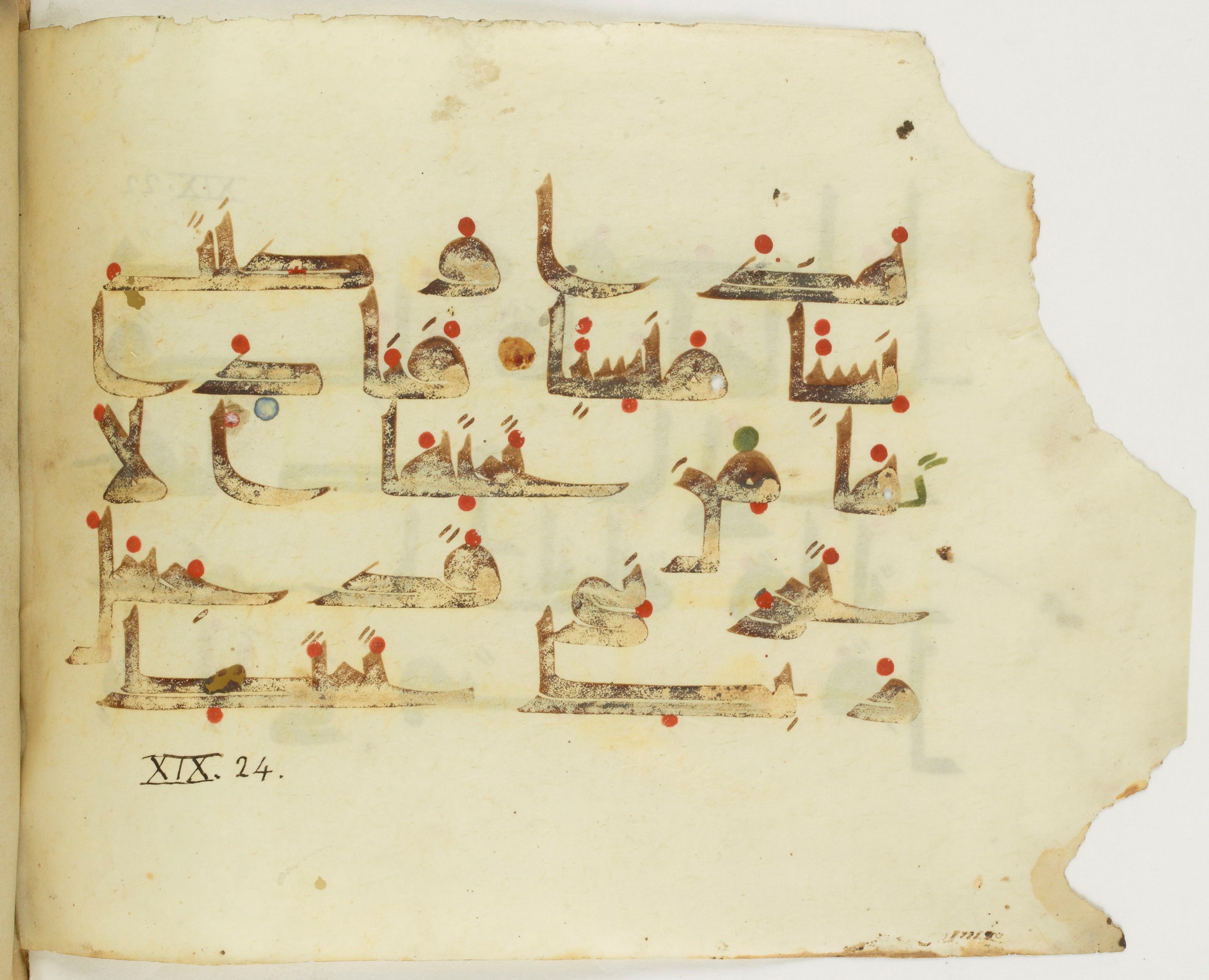Paris, Bibliothèque nationale de France, Arabe 346 (d) (Scan 2), in Kufic (type D V a) script, showing Surah 19:23 from Mid 8th to Late 9th Century AD found in Fustat (Old Cairo), Egypt, currently housed at Bibliothèque nationale de France, Paris