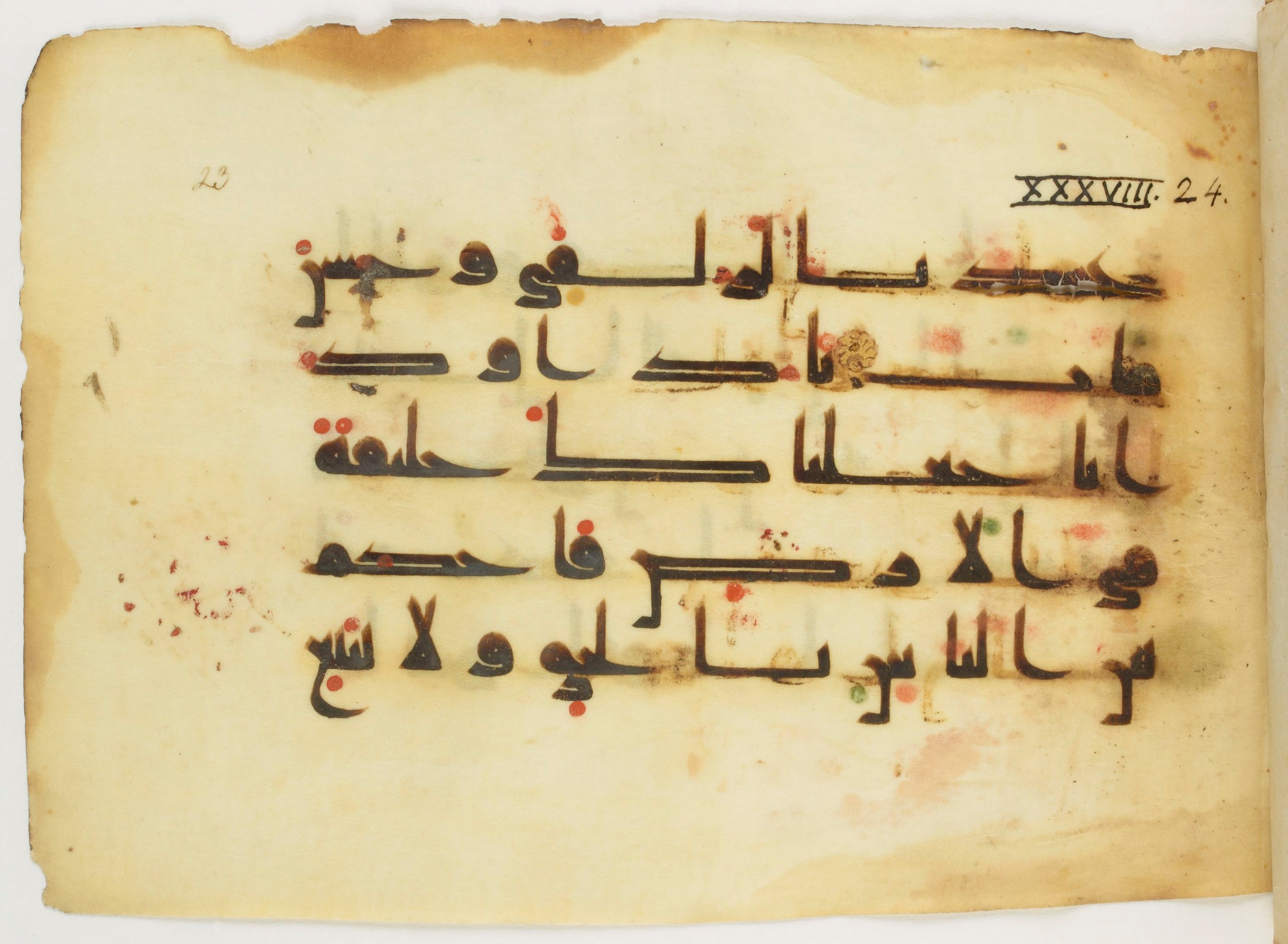 Paris, Bibliothèque nationale de France, Arabe 347 (a) (Scan 2), in Kūfī (type D V a) script, showing Surah 38:25 from Mid 8th to Late 9th Century AD found in Unknown, currently housed at Bibliothèque nationale de France, Paris