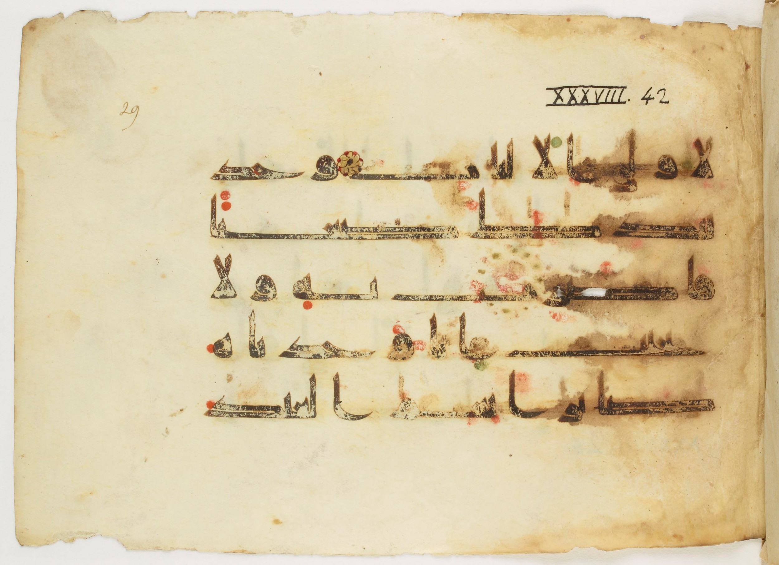 Paris, Bibliothèque nationale de France, Arabe 347 (a) (Scan 1), in Kūfī (type D V a) script, showing Surah 38:44 from Mid 8th to Late 9th Century AD found in Unknown, currently housed at Bibliothèque nationale de France, Paris