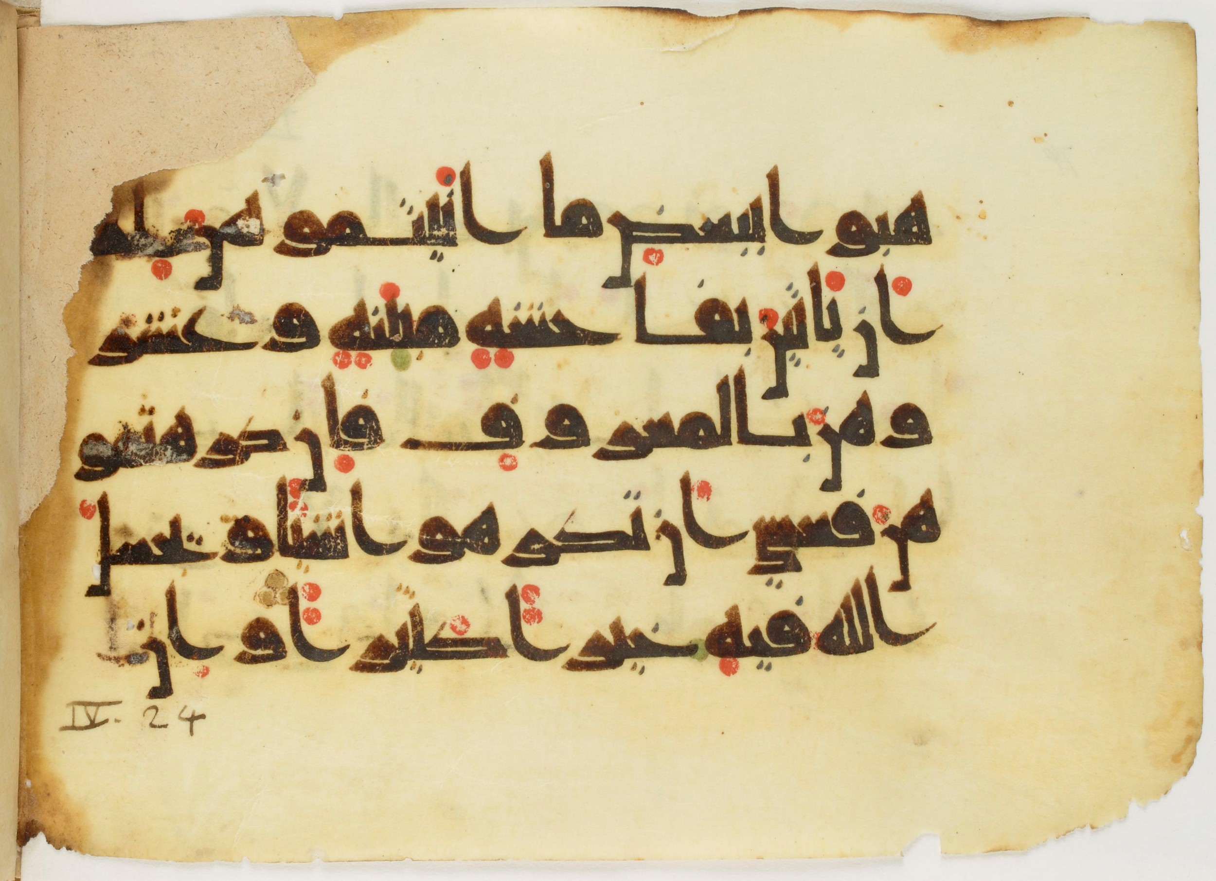 Paris, Bibliothèque nationale de France, Arabe 347 (b) (Scan 1), in Kūfī D.Va script, showing Surah 4:20 from Mid 8th to Late 9th Century AD found in Fustat (Old Cairo), Egypt, currently housed at Bibliothèque nationale de France, Paris