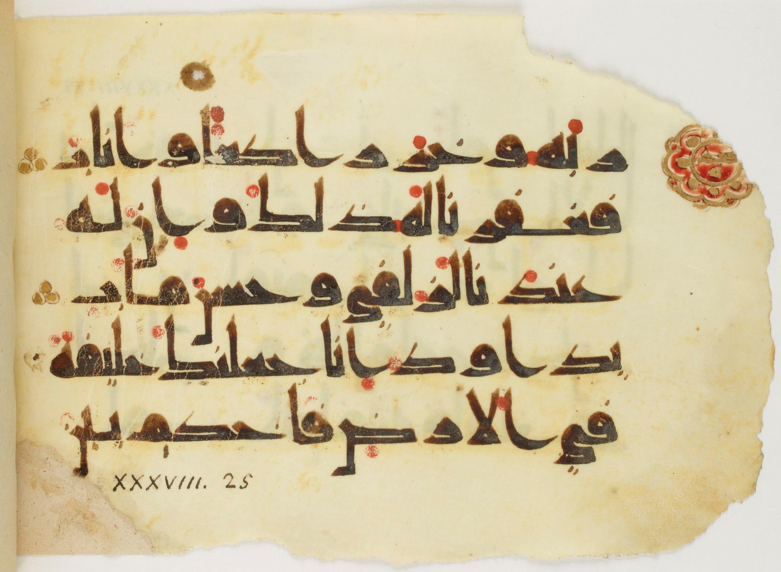 Paris, Bibliothèque nationale de France, Arabe 347 (b), in Kūfī D.Va script, showing Surah 38:25 from Mid 8th to Late 9th Century AD found in Fustat (Old Cairo), Egypt, currently housed at Bibliothèque nationale de France, Paris