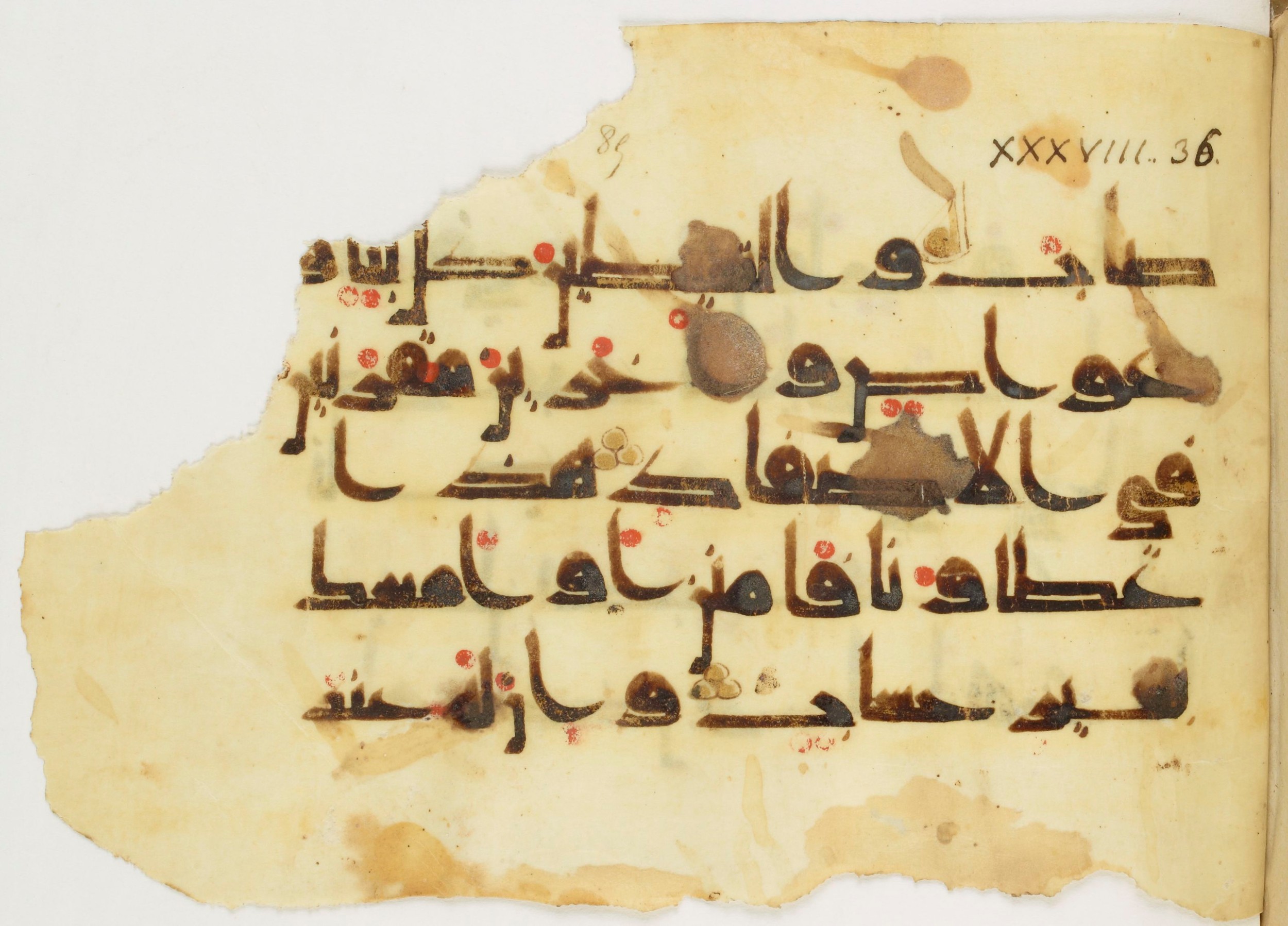 Paris, Bibliothèque nationale de France, Arabe 347 (b), in Kūfī D.Va script, showing Surah 38:39 from Mid 8th to Late 9th Century AD found in Fustat (Old Cairo), Egypt, currently housed at Bibliothèque nationale de France, Paris