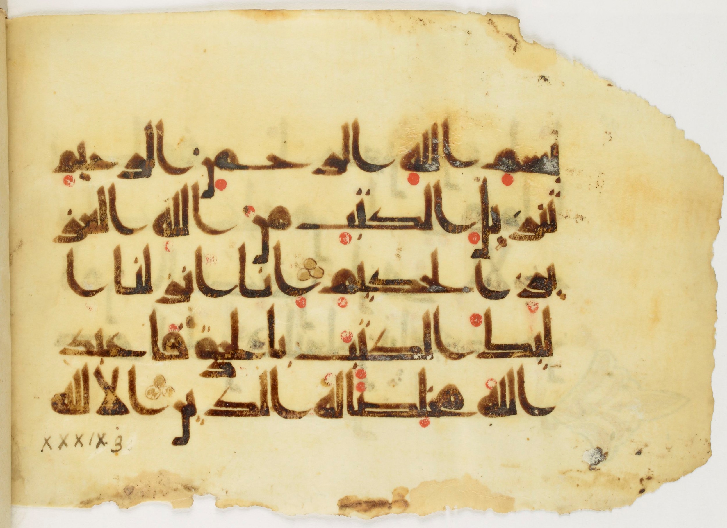 Paris, Bibliothèque nationale de France, Arabe 347 (b), in Kūfī D.Va script, showing Surah 39:3 from Mid 8th to Late 9th Century AD found in Fustat (Old Cairo), Egypt, currently housed at Bibliothèque nationale de France, Paris