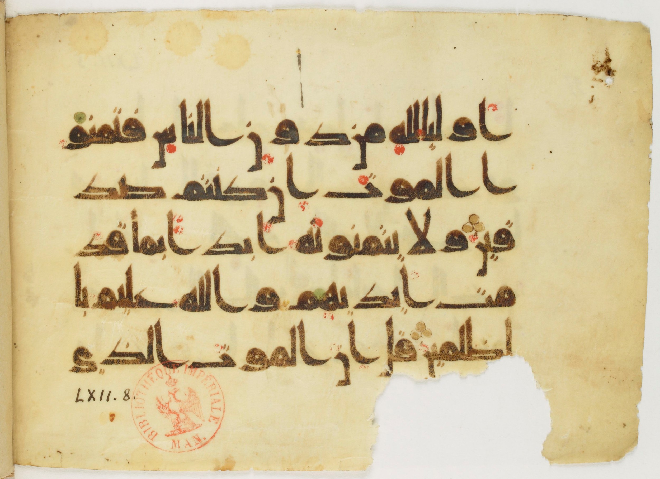 Paris, Bibliothèque nationale de France, Arabe 347 (b), in Kūfī D.Va script, showing Surah 62:7 from Mid 8th to Late 9th Century AD found in Fustat (Old Cairo), Egypt, currently housed at Bibliothèque nationale de France, Paris