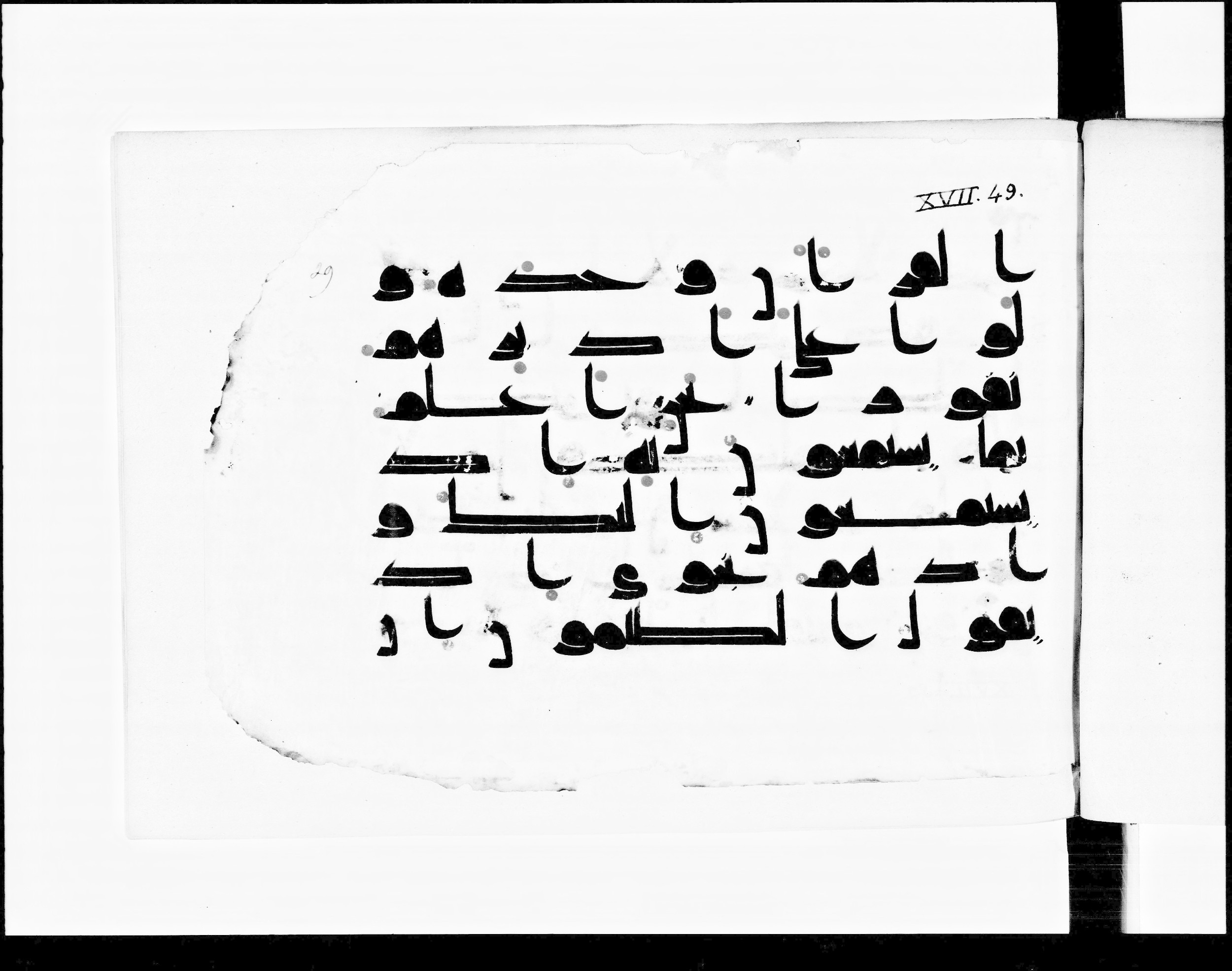 Paris, Bibliothèque nationale de France, Arabe 348 (b) (Scan 2), in Kūfī D.I script, showing Surah 17:46 from 8th to 9th Century AD found in Fustat (Old Cairo), Egypt, currently housed at Bibliothèque nationale de France, Paris