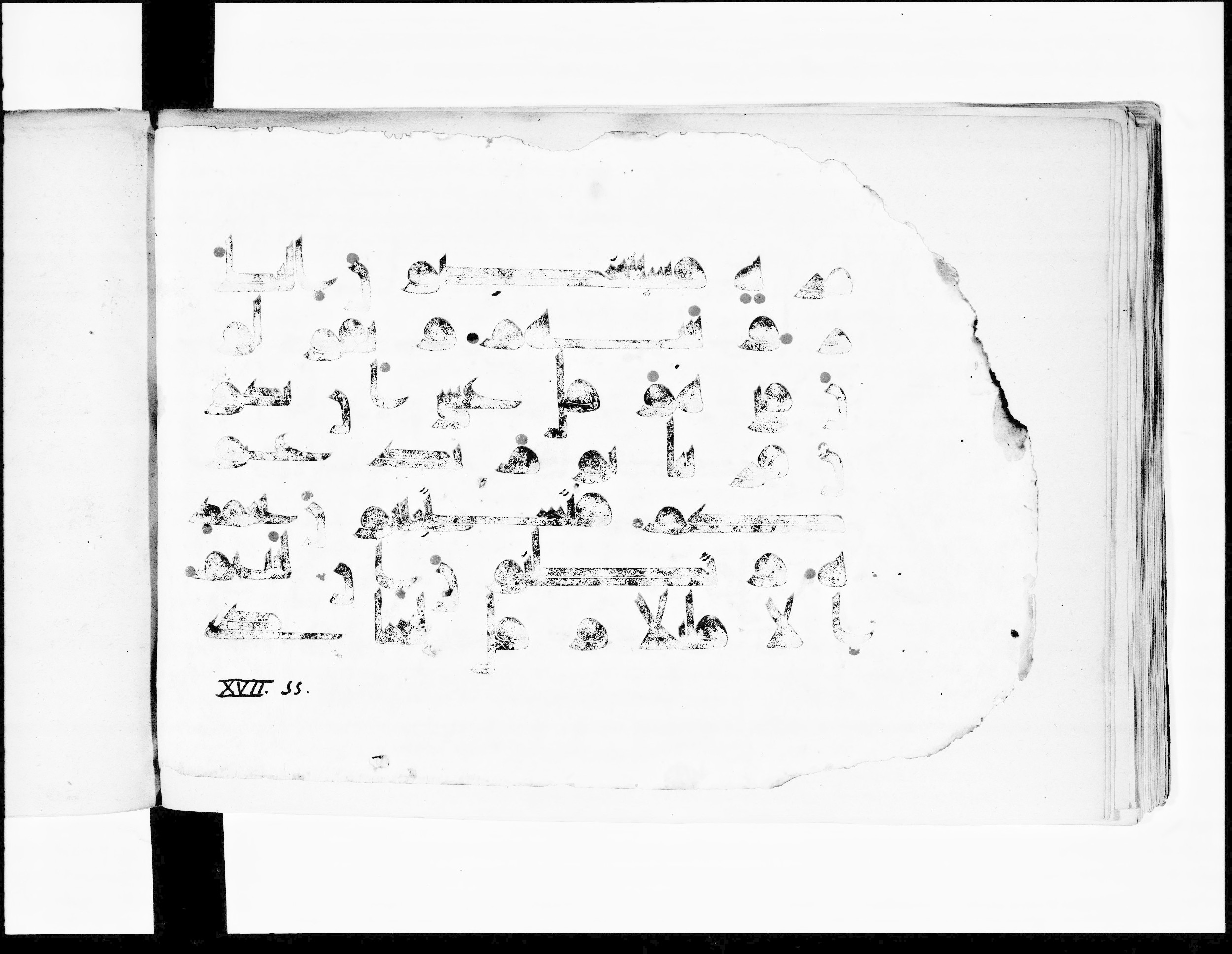 Paris, Bibliothèque nationale de France, Arabe 348 (b), in Kūfī D.I script, showing Surah 17:52 from 8th to 9th Century AD found in Fustat (Old Cairo), Egypt, currently housed at Bibliothèque nationale de France, Paris