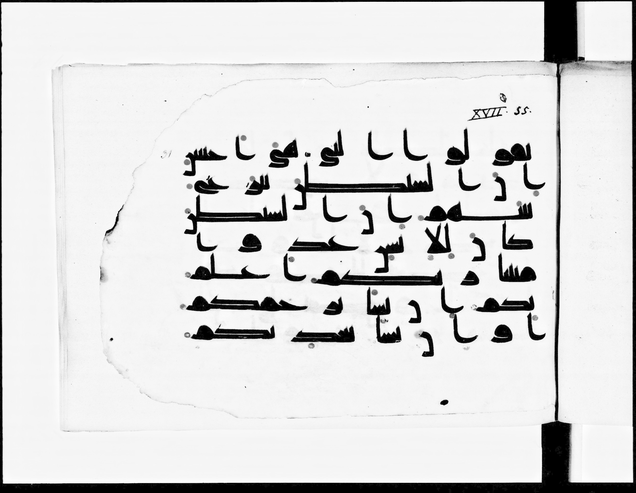 Paris, Bibliothèque nationale de France, Arabe 348 (b) (Scan 2), in Kūfī D.I script, showing Surah 17:53 from 8th to 9th Century AD found in Fustat (Old Cairo), Egypt, currently housed at Bibliothèque nationale de France, Paris