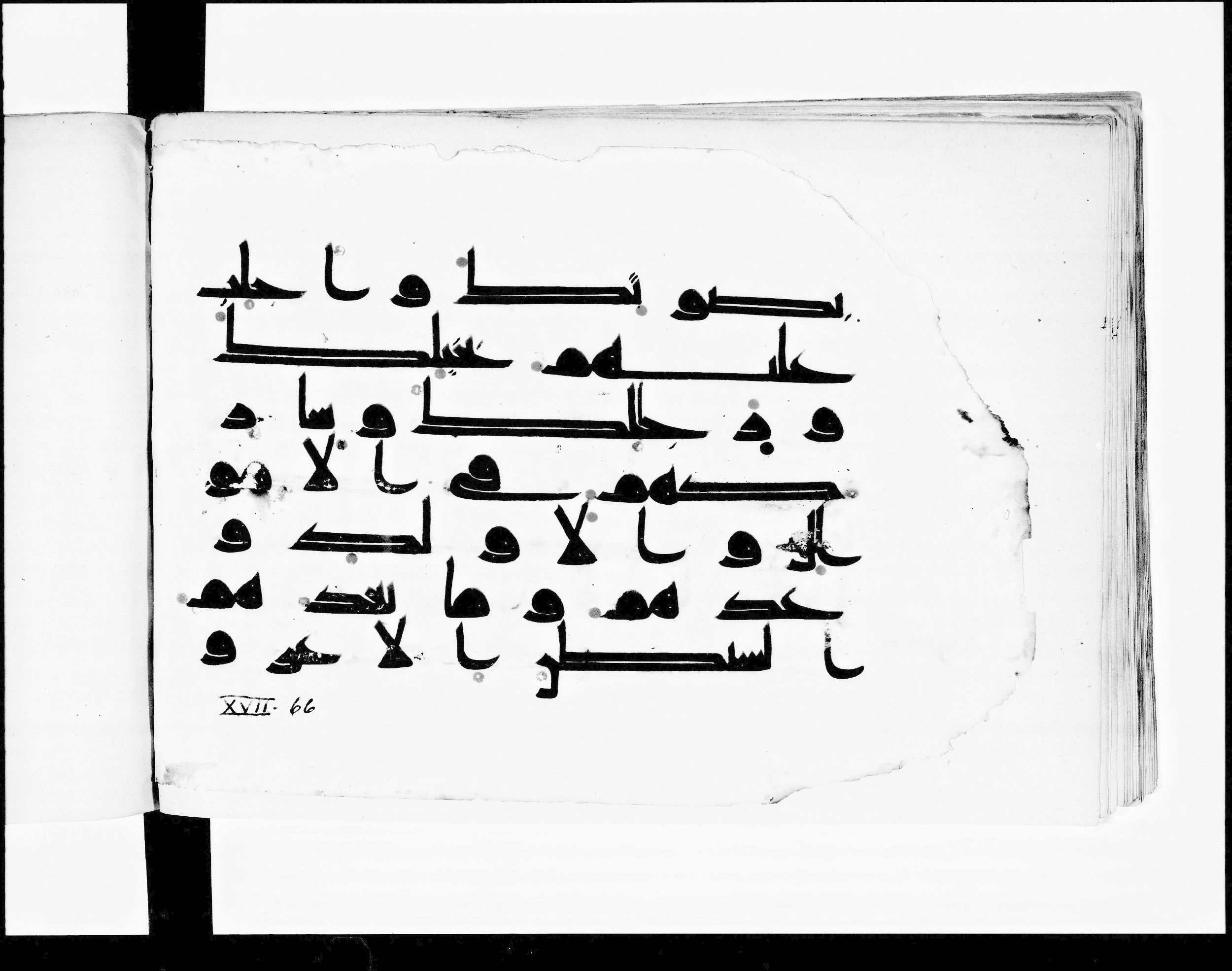 Paris, Bibliothèque nationale de France, Arabe 348 (b) (Scan 2), in Kūfī D.I script, showing Surah 17:64 from 8th to 9th Century AD found in Fustat (Old Cairo), Egypt, currently housed at Bibliothèque nationale de France, Paris