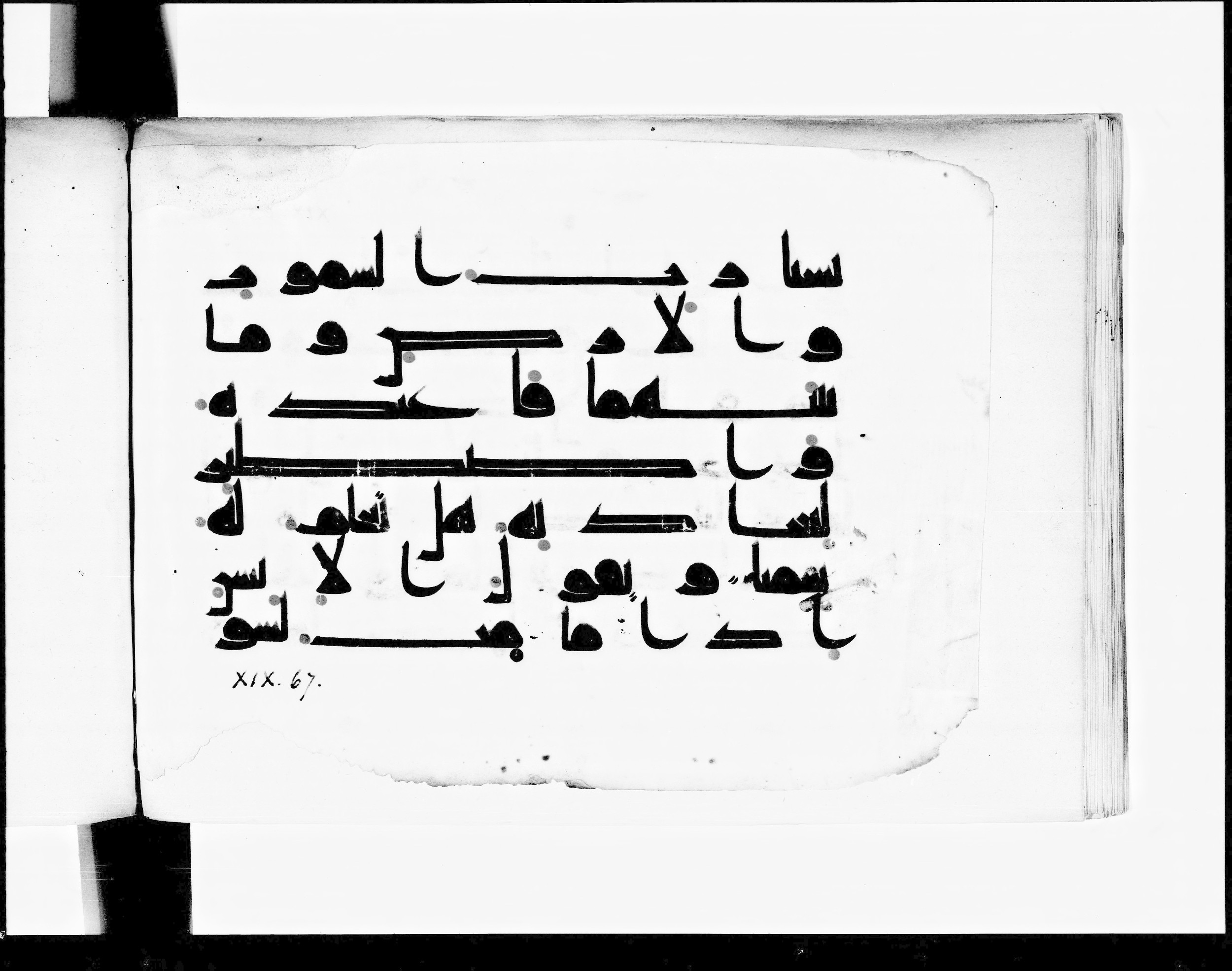 Paris, Bibliothèque nationale de France, Arabe 348 (b) (Scan 2), in Kūfī D.I script, showing Surah 19:64 from 8th to 9th Century AD found in Fustat (Old Cairo), Egypt, currently housed at Bibliothèque nationale de France, Paris