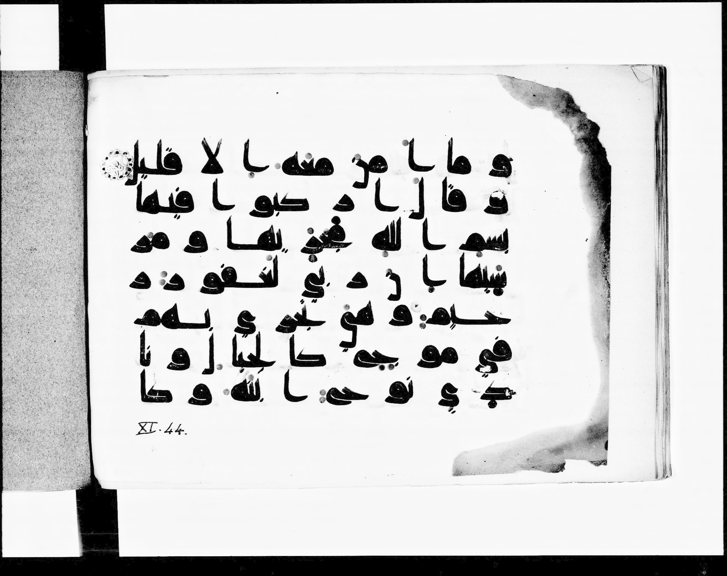Paris, Bibliothèque nationale de France, Arabe 348 (d) (Scan 2), in kūfī D.I script, showing Surah 11:40 from 8th to 9th Century AD found in Fustat (Old Cairo), Egypt, currently housed at Bibliothèque nationale de France, Paris