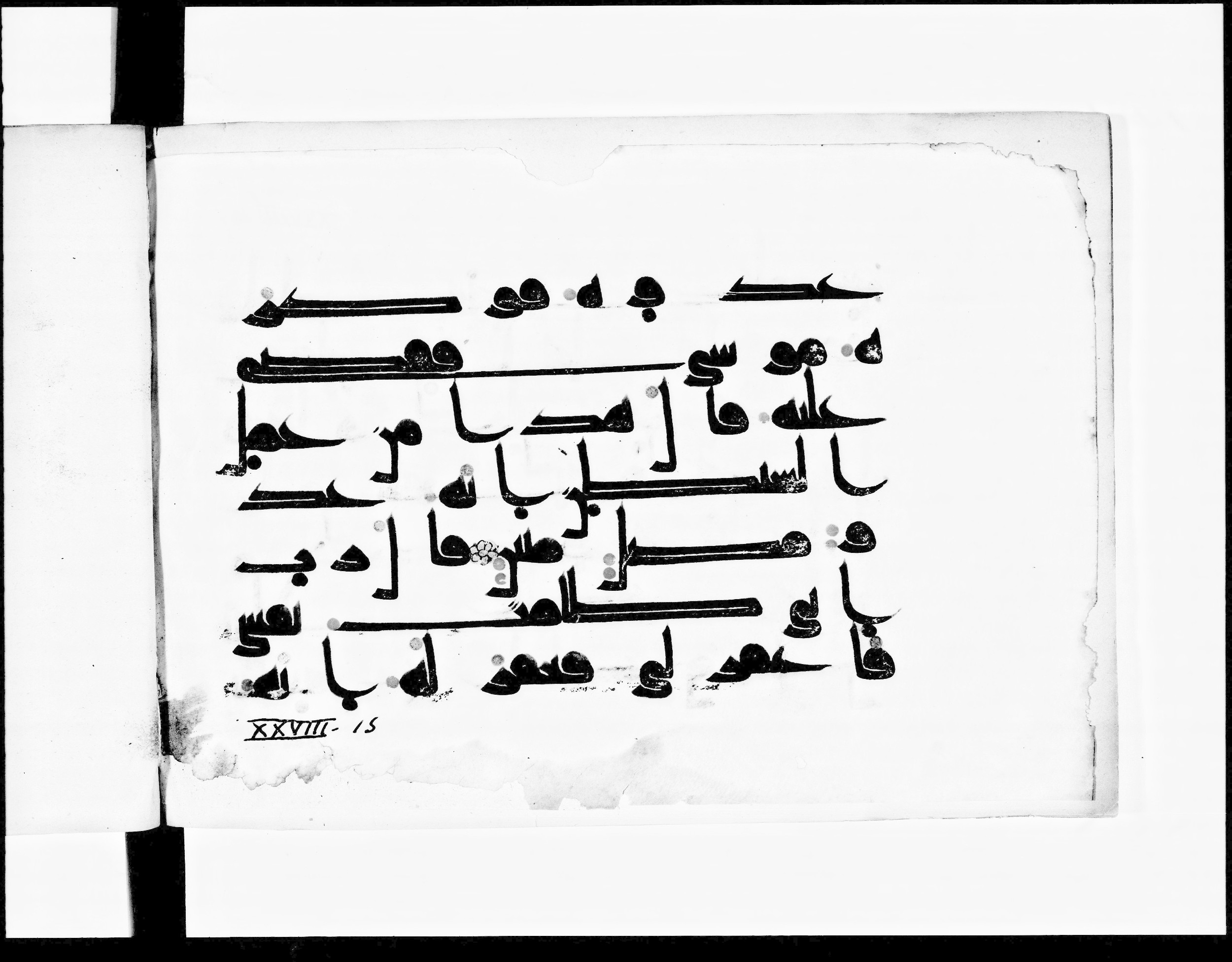 Paris, Bibliothèque nationale de France, Arabe 348 (e) (Scan 1), in Kufic D.I script, showing Surah 28:16 from 8th to 9th Century AD found in Fustat (Old Cairo), Egypt, currently housed at Bibliothèque nationale de France, Paris