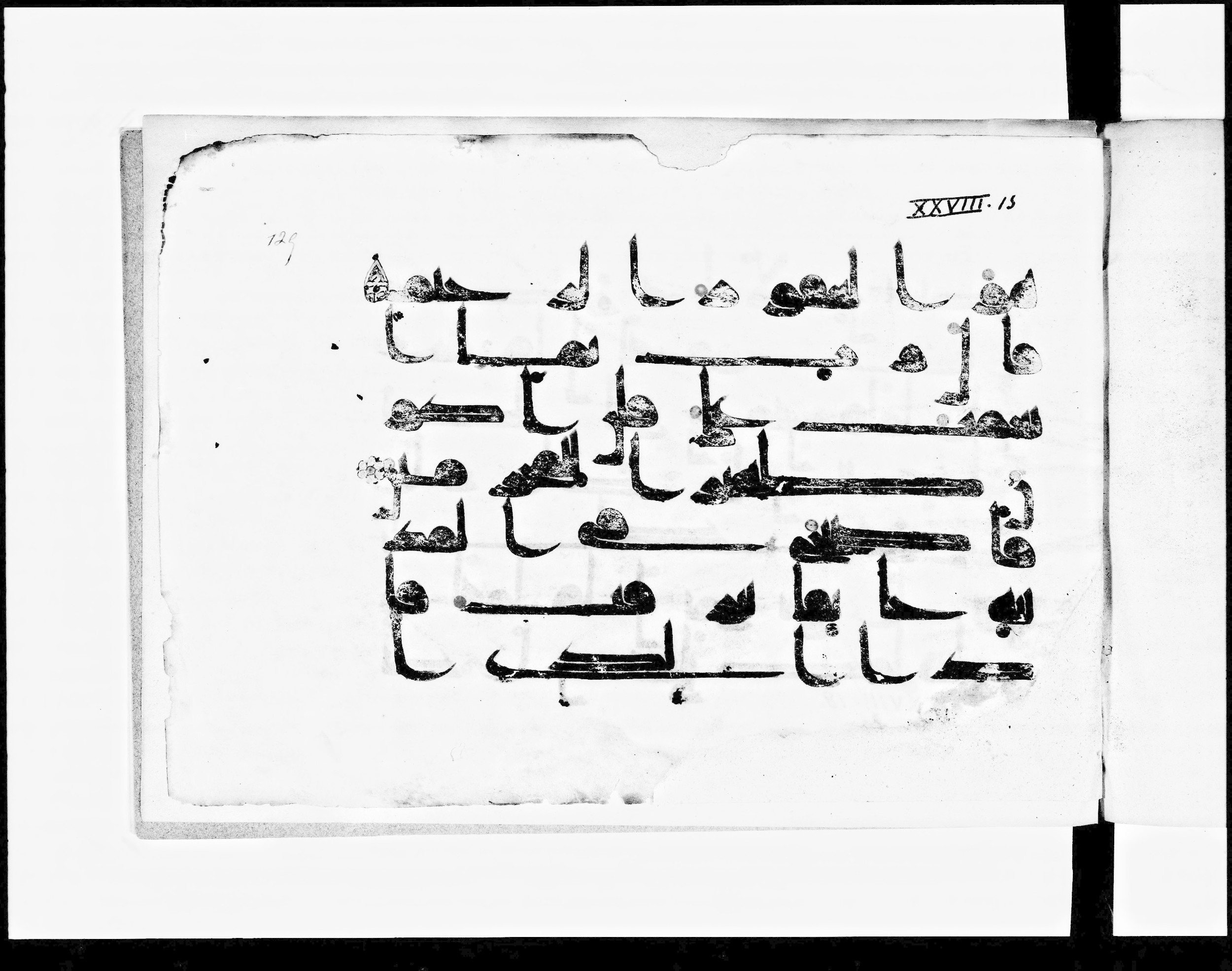 Paris, Bibliothèque nationale de France, Arabe 348 (e) (Scan 2), in Kufic D.I script, showing Surah 28:16 from 8th to 9th Century AD found in Fustat (Old Cairo), Egypt, currently housed at Bibliothèque nationale de France, Paris