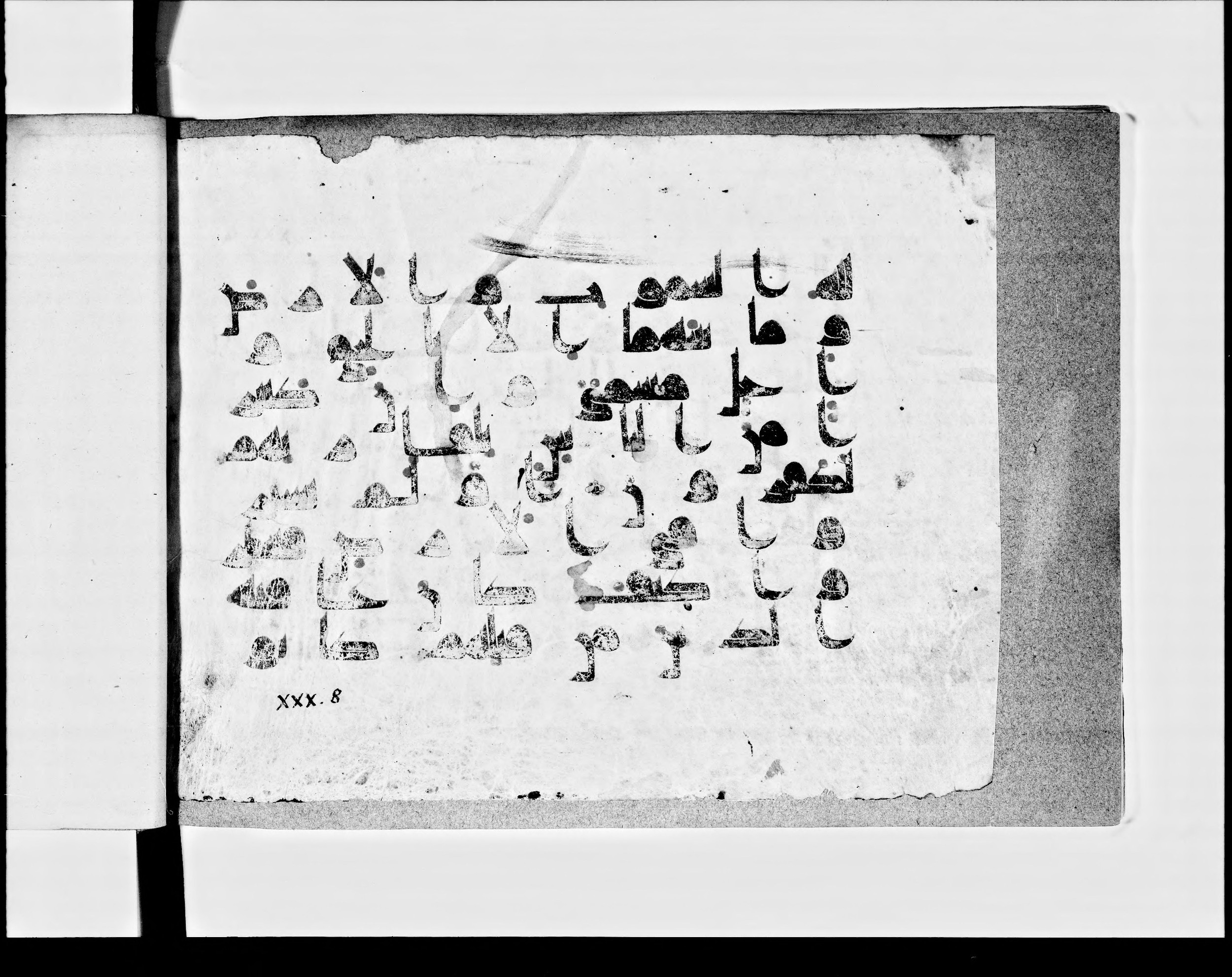 Paris, Bibliothèque nationale de France, Arabe 348 (h) (Scan 2), in Kufic D.I script, showing Surah 30:8 from 8th to 9th Century AD found in al-Fusṭāṭ (Fustat, Old Cairo), Egypt, currently housed at Bibliothèque nationale de France, Paris