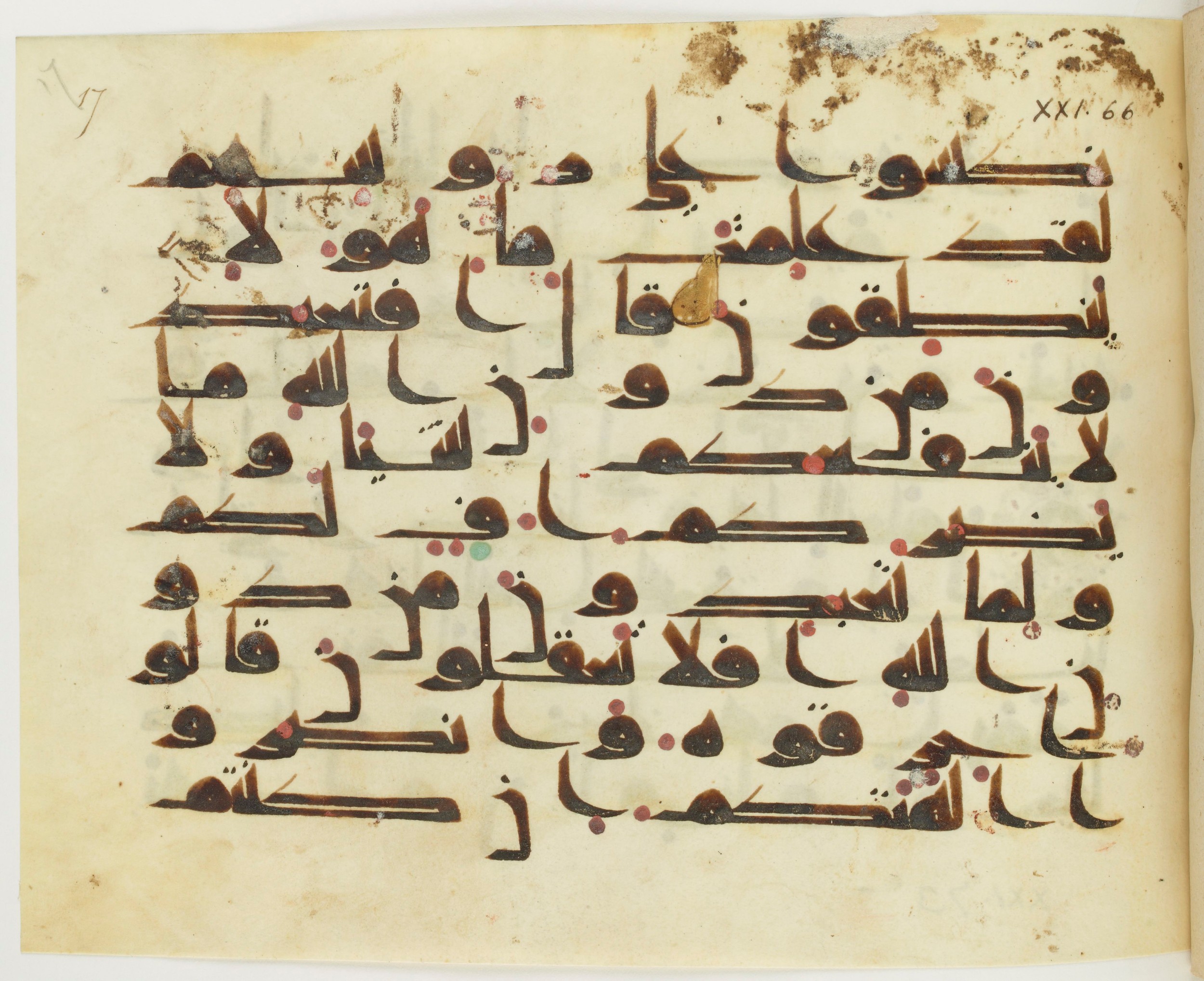 Paris, Bibliothèque nationale de France, Arabe 349 (a), in Kūfī D.III script, showing Surah 21:67 from Mid 8th to Late 9th Century AD found in Al-Fustat (Old Cairo), Egypt, currently housed at Bibliothèque nationale de France, Paris