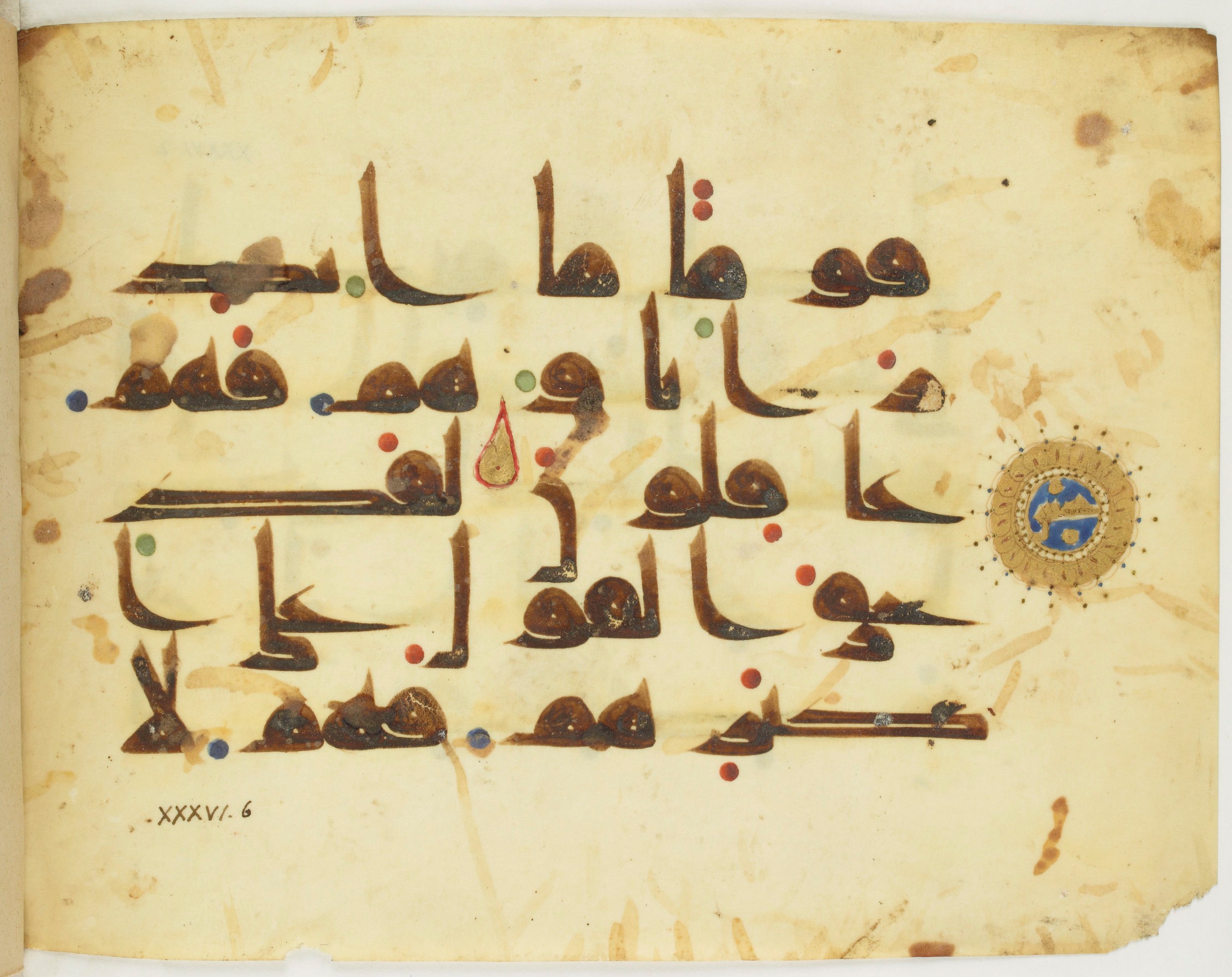 Paris, Bibliothèque nationale de France, Arabe 349 (d), in kūfī D.III script, showing Surah 36:7 from Mid 8th to Late 10th Century AD found in al-Fusṭāṭ, Egypt, currently housed at Bibliothèque nationale de France, Paris