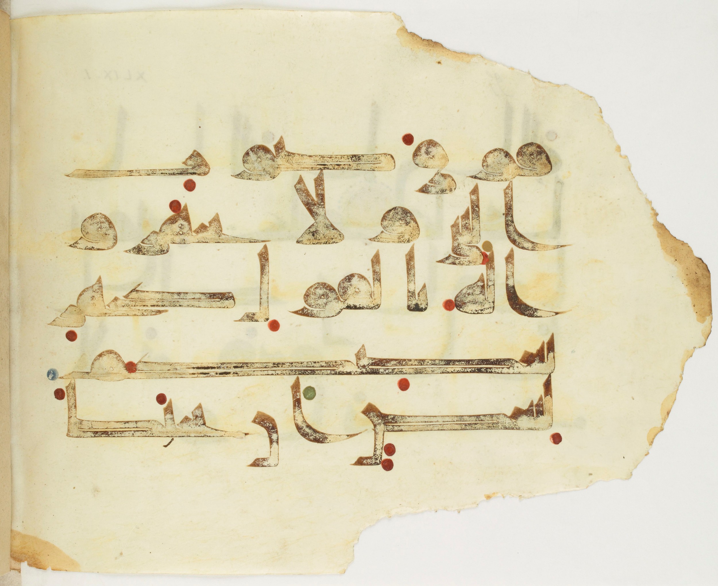 Paris, Bibliothèque nationale de France, Arabe 349 (d) (Scan 2), in kūfī D.III script, showing Surah 49:2 from Mid 8th to Late 10th Century AD found in al-Fusṭāṭ, Egypt, currently housed at Bibliothèque nationale de France, Paris