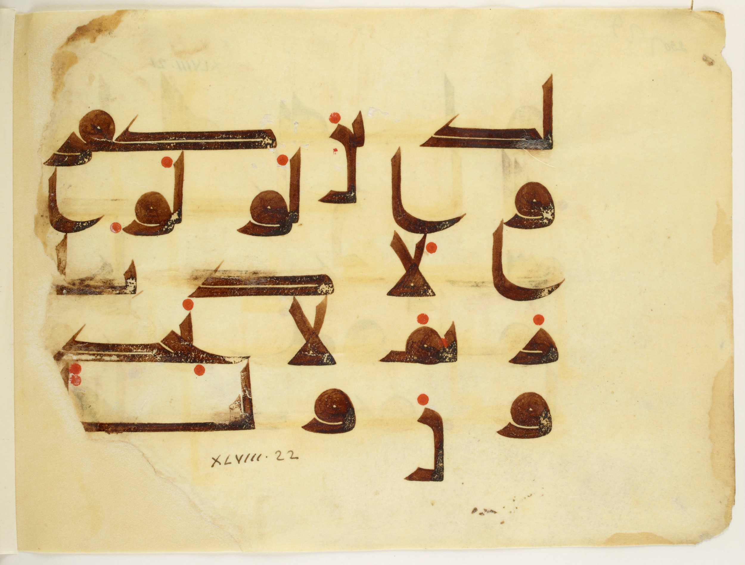 Paris, Bibliothèque nationale de France, Arabe 350 (b) (Scan 2), in kūfī D.I script, showing Surah 48:22 from Mid 8th to Late 10th Century AD found in Fustat (Old Cairo), Egypt, currently housed at Bibliothèque nationale de France, Paris