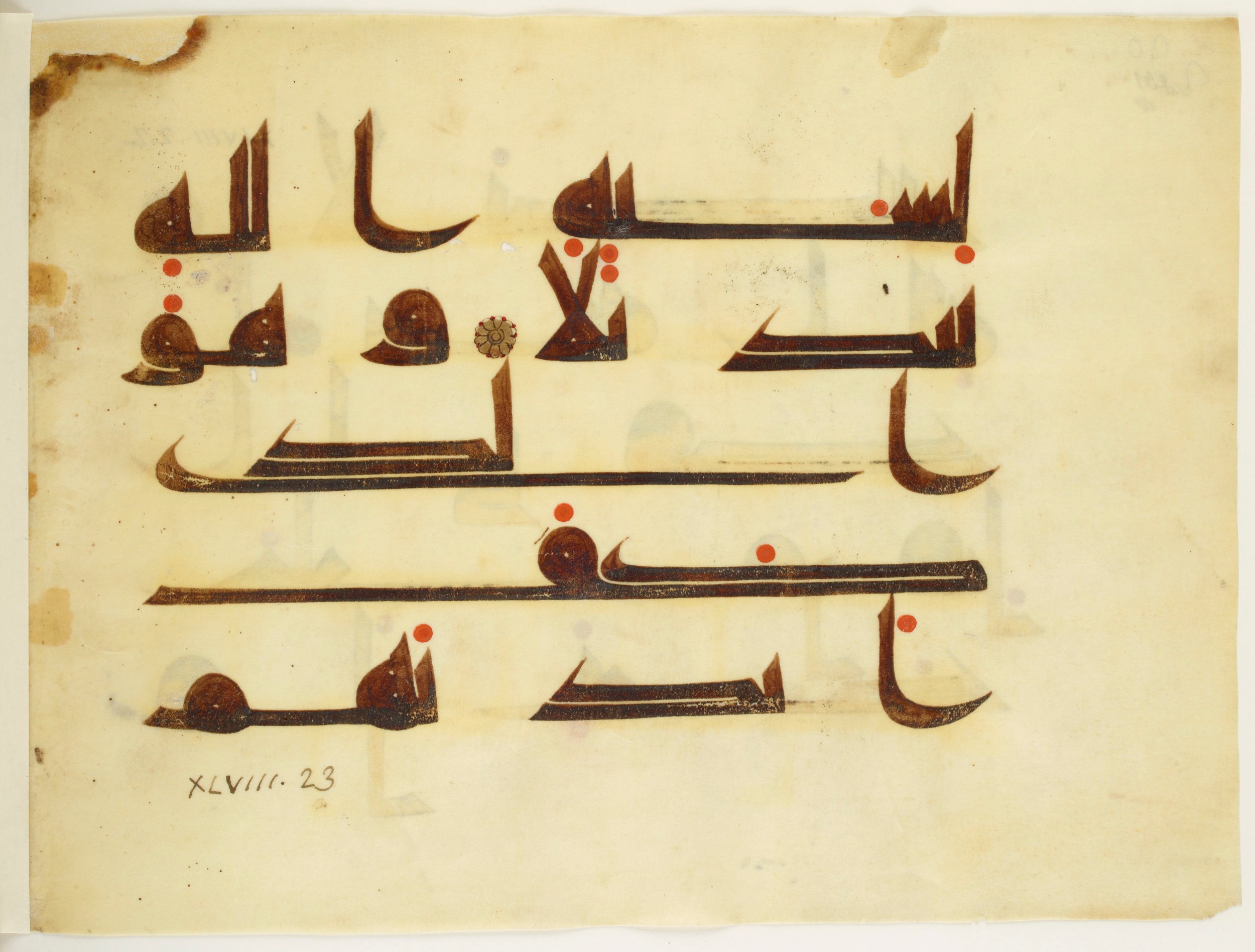Paris, Bibliothèque nationale de France, Arabe 350 (b), in kūfī D.I script, showing Surah 48:24 from Mid 8th to Late 10th Century AD found in Fustat (Old Cairo), Egypt, currently housed at Bibliothèque nationale de France, Paris