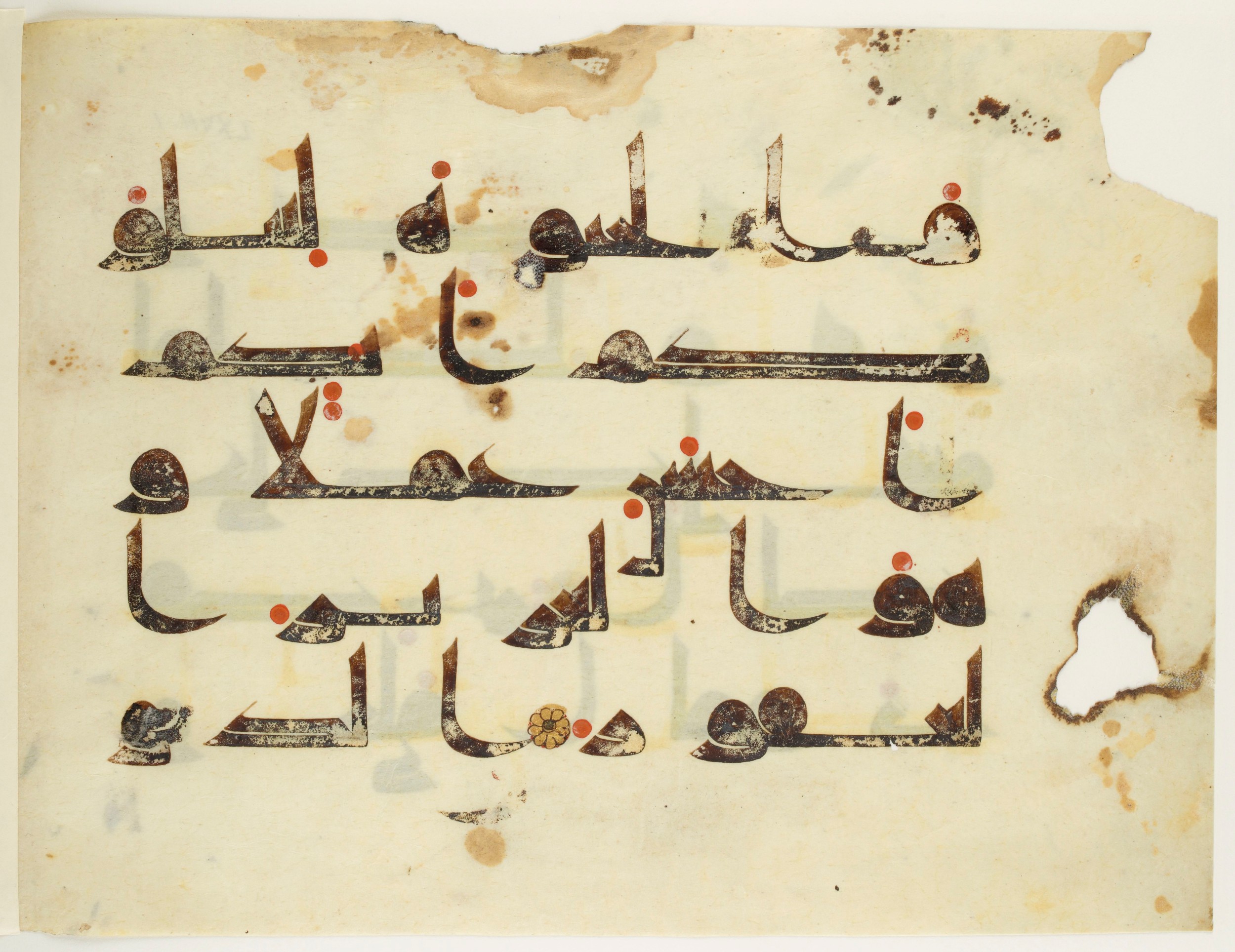 Paris, Bibliothèque nationale de France, Arabe 350 (b) (Scan 1), in kūfī D.I script, showing Surah 67:3 from Mid 8th to Late 10th Century AD found in Fustat (Old Cairo), Egypt, currently housed at Bibliothèque nationale de France, Paris