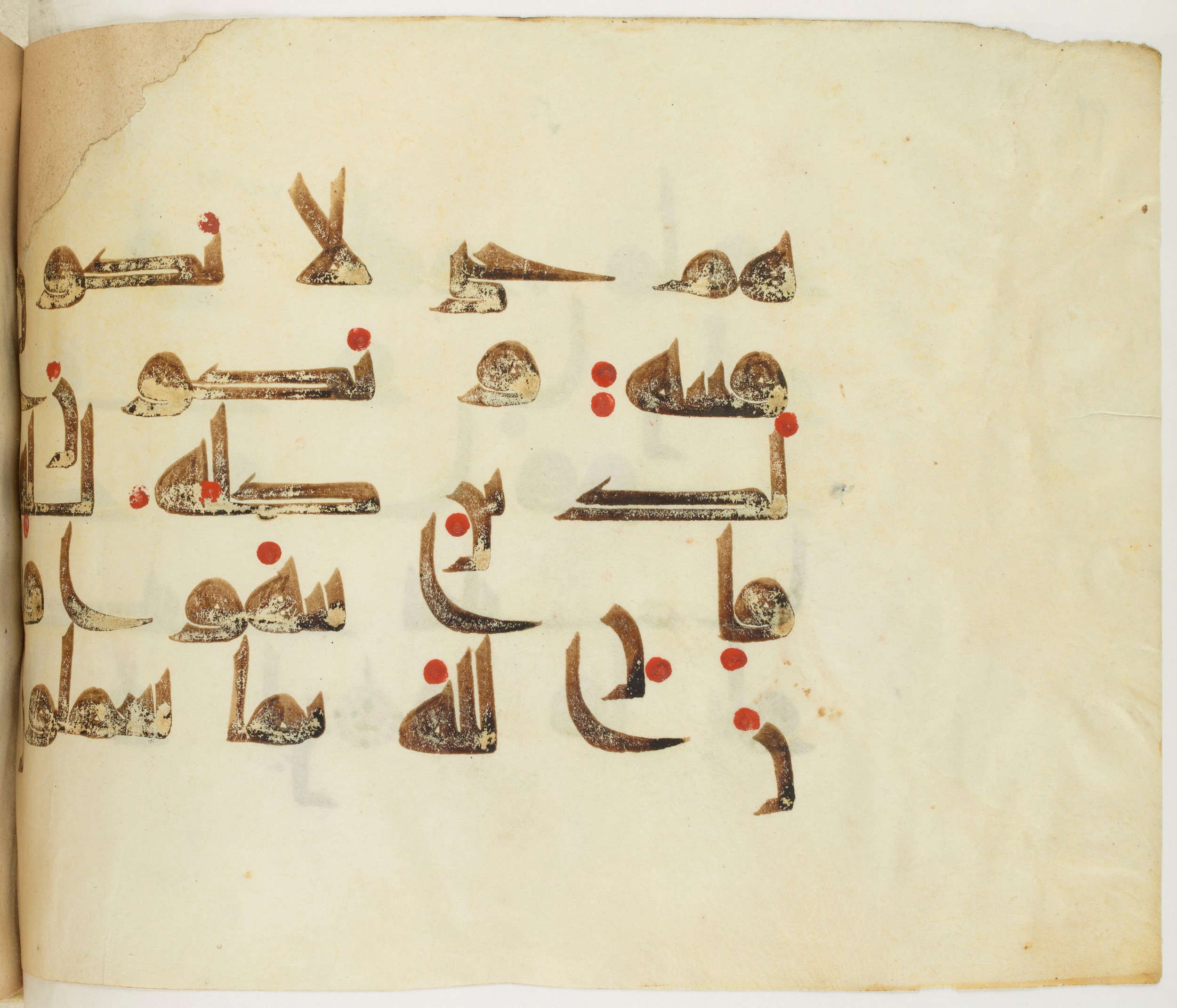 BNF Arabe 351 (Scan 2), in Kufic D.III script, showing Surah 8:39 from Mid 8th to Late 10th Century AD found in Mosque of ʿAmr b. al-ʿĀṣ in Fusṭāṭ (Old Cairo), Egypt, currently housed at Bibliothèque nationale de France, Paris