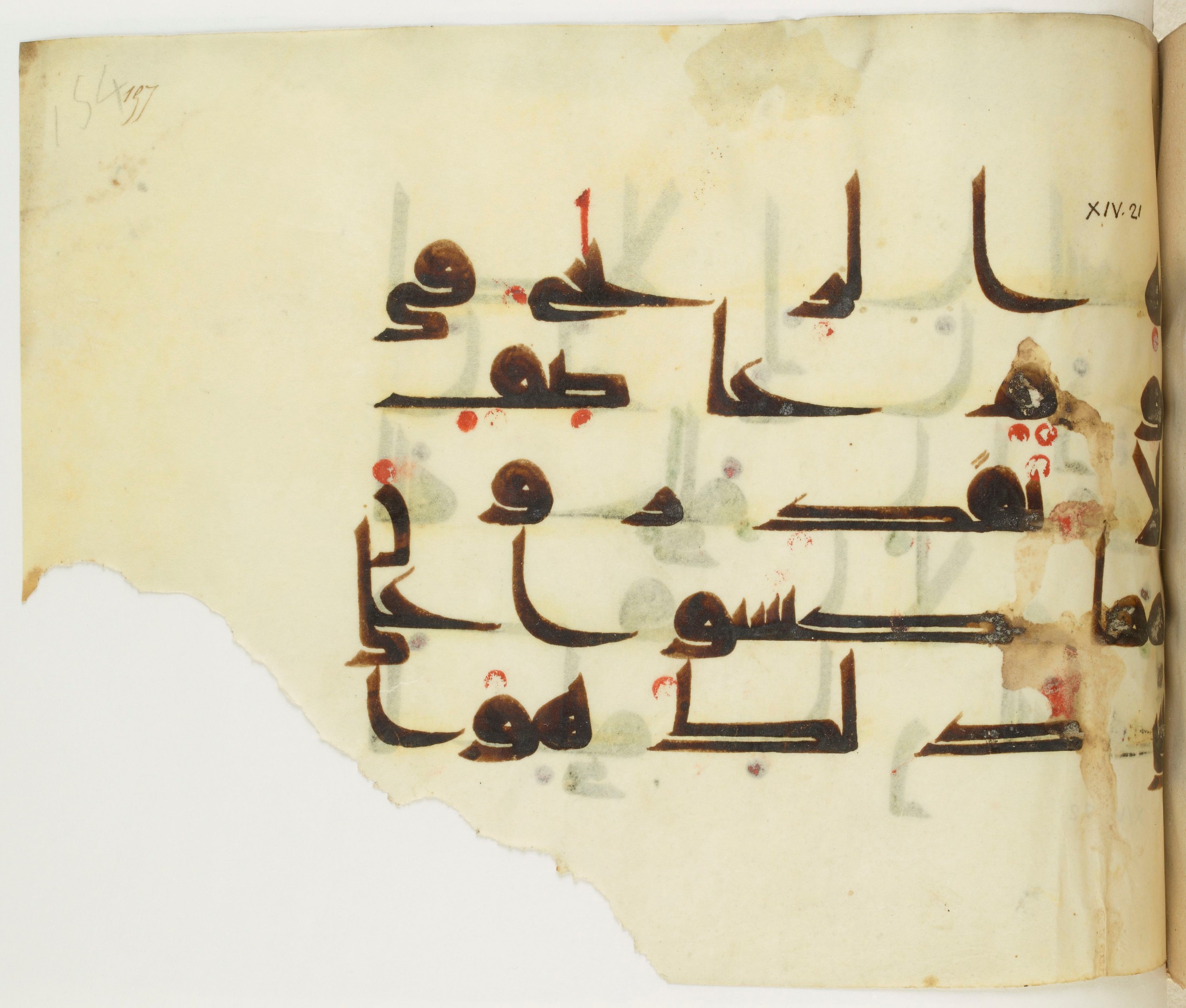 BNF Arabe 351 (Scan 1), in Kufic D.III script, showing Surah 14:18 from Mid 8th to Late 10th Century AD found in Mosque of ʿAmr b. al-ʿĀṣ in Fusṭāṭ (Old Cairo), Egypt, currently housed at Bibliothèque nationale de France, Paris