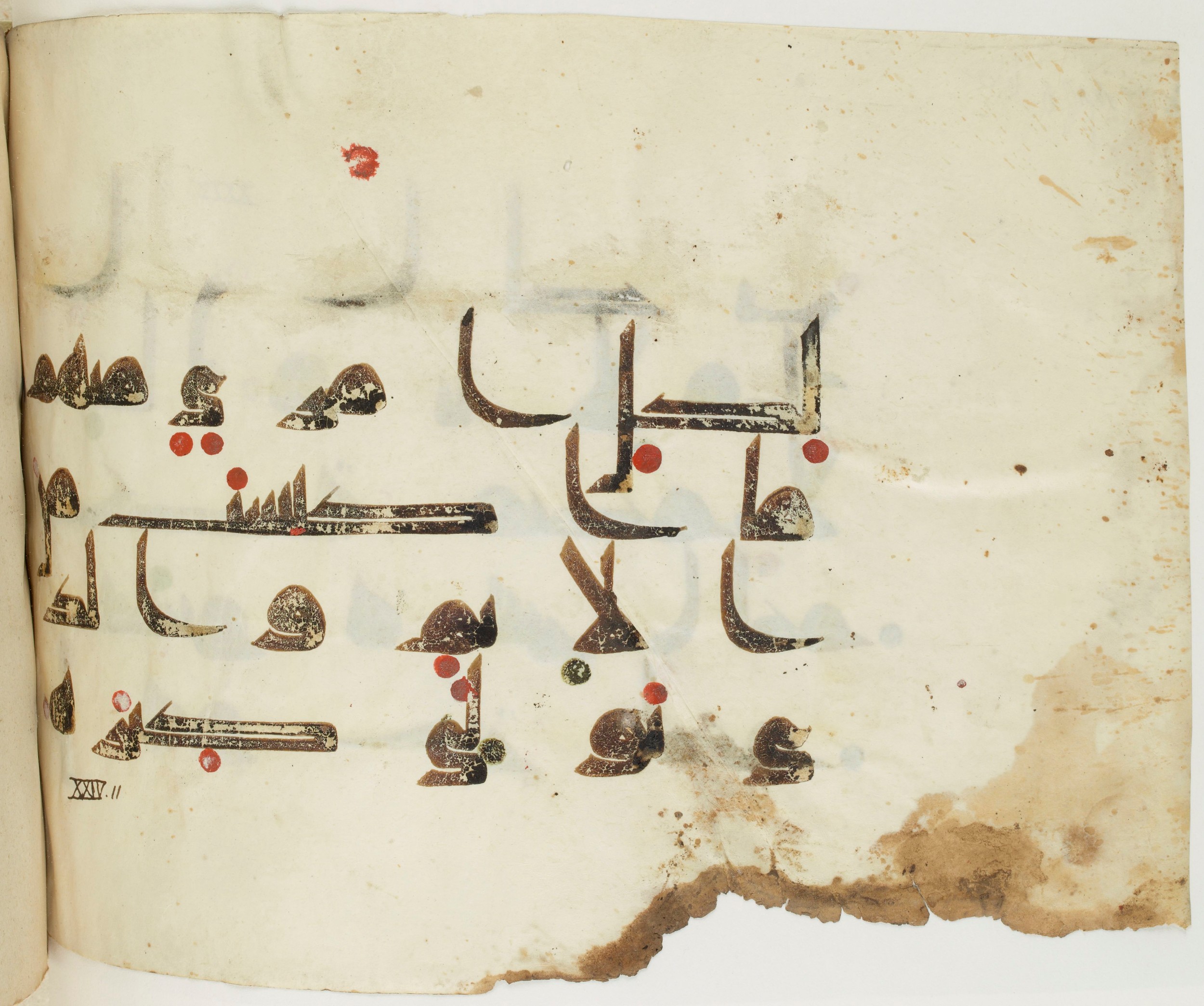 BNF Arabe 351 (Scan 2), in Kufic D.III script, showing Surah 24:11 from Mid 8th to Late 10th Century AD found in Mosque of ʿAmr b. al-ʿĀṣ in Fusṭāṭ (Old Cairo), Egypt, currently housed at Bibliothèque nationale de France, Paris