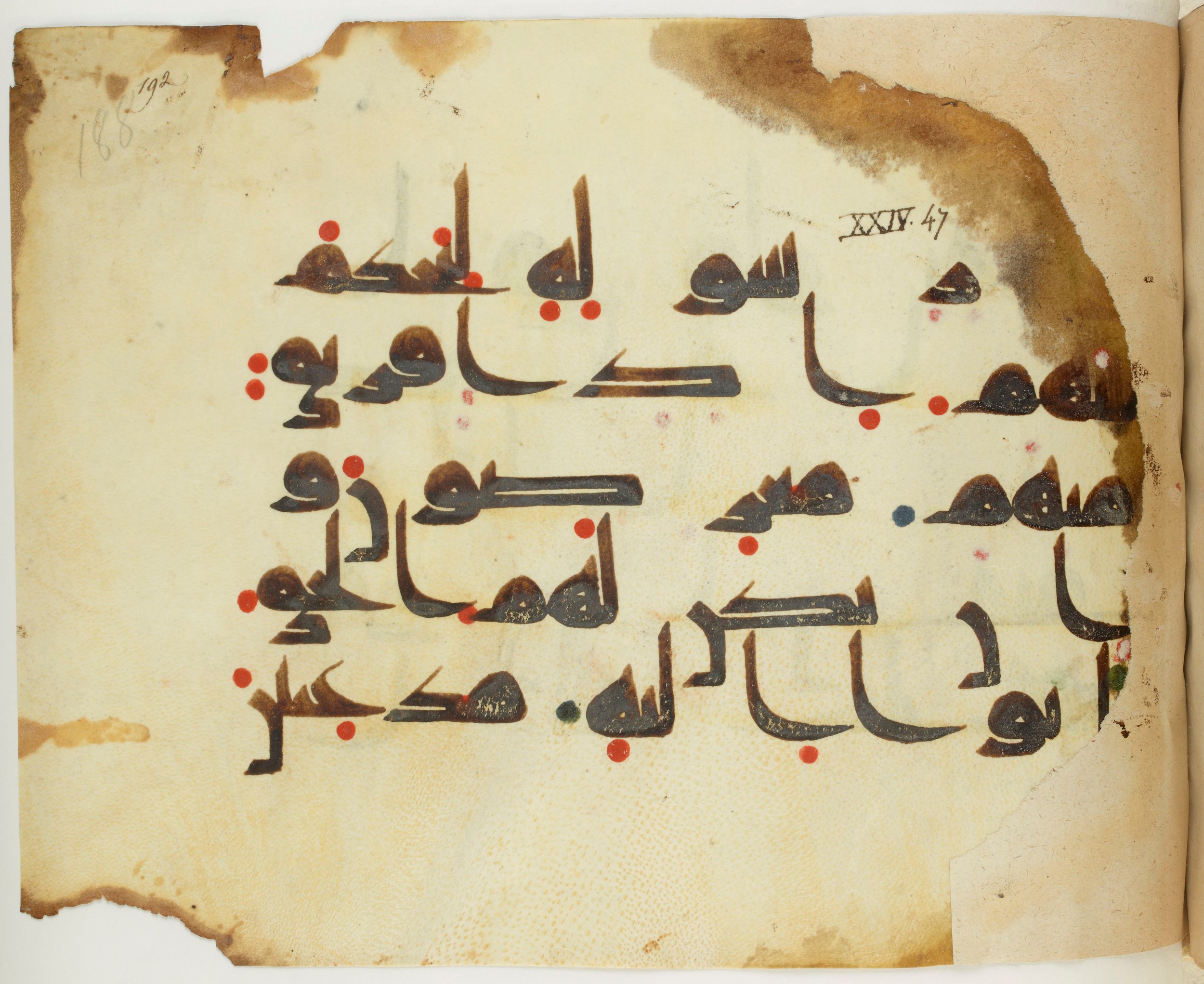 BNF Arabe 351, in Kufic D.III script, showing Surah 24:49 from Mid 8th to Late 10th Century AD found in Mosque of ʿAmr b. al-ʿĀṣ in Fusṭāṭ (Old Cairo), Egypt, currently housed at Bibliothèque nationale de France, Paris