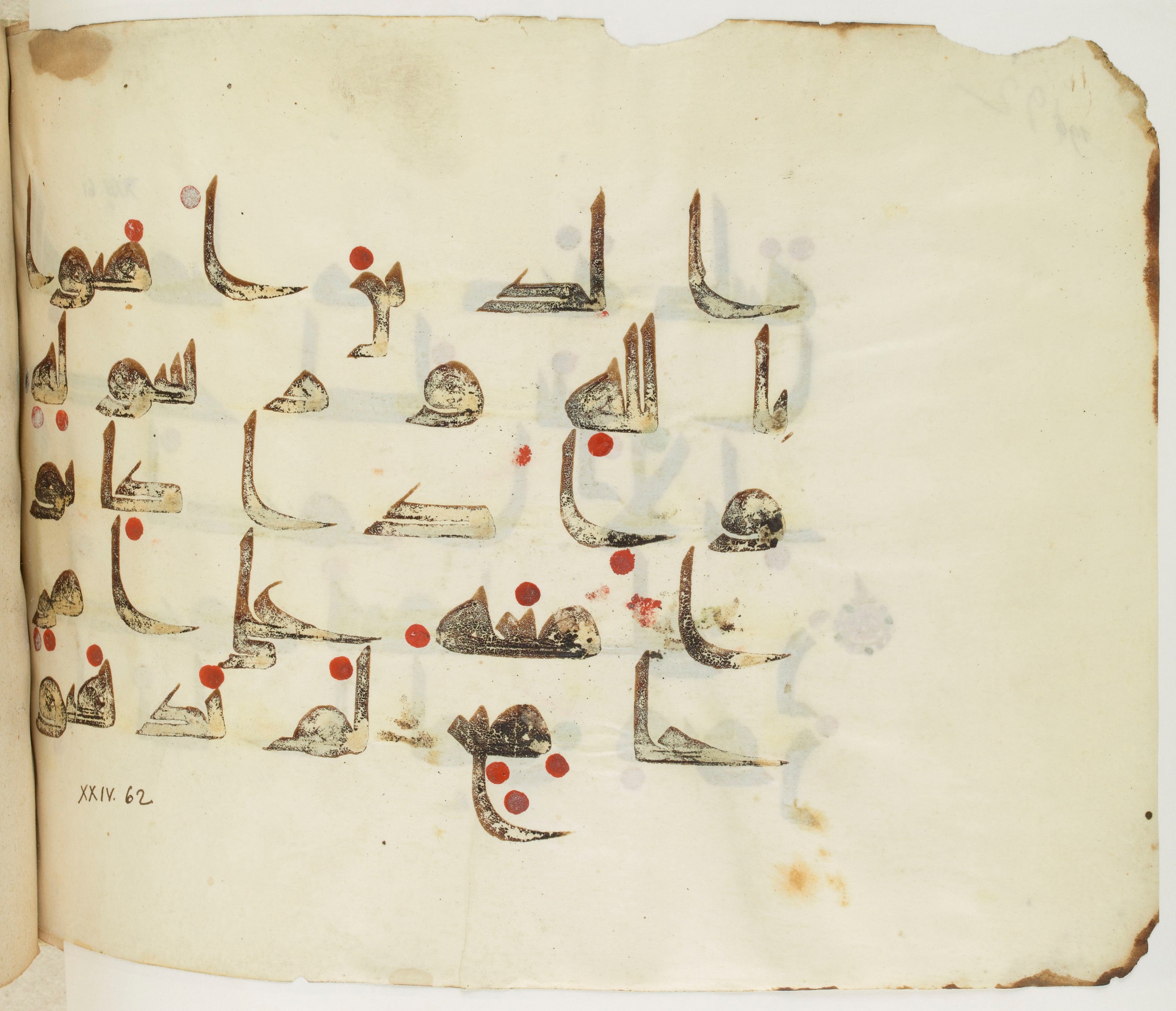 BNF Arabe 351 (Scan 2), in Kufic D.III script, showing Surah 24:62 from Mid 8th to Late 10th Century AD found in Mosque of ʿAmr b. al-ʿĀṣ in Fusṭāṭ (Old Cairo), Egypt, currently housed at Bibliothèque nationale de France, Paris