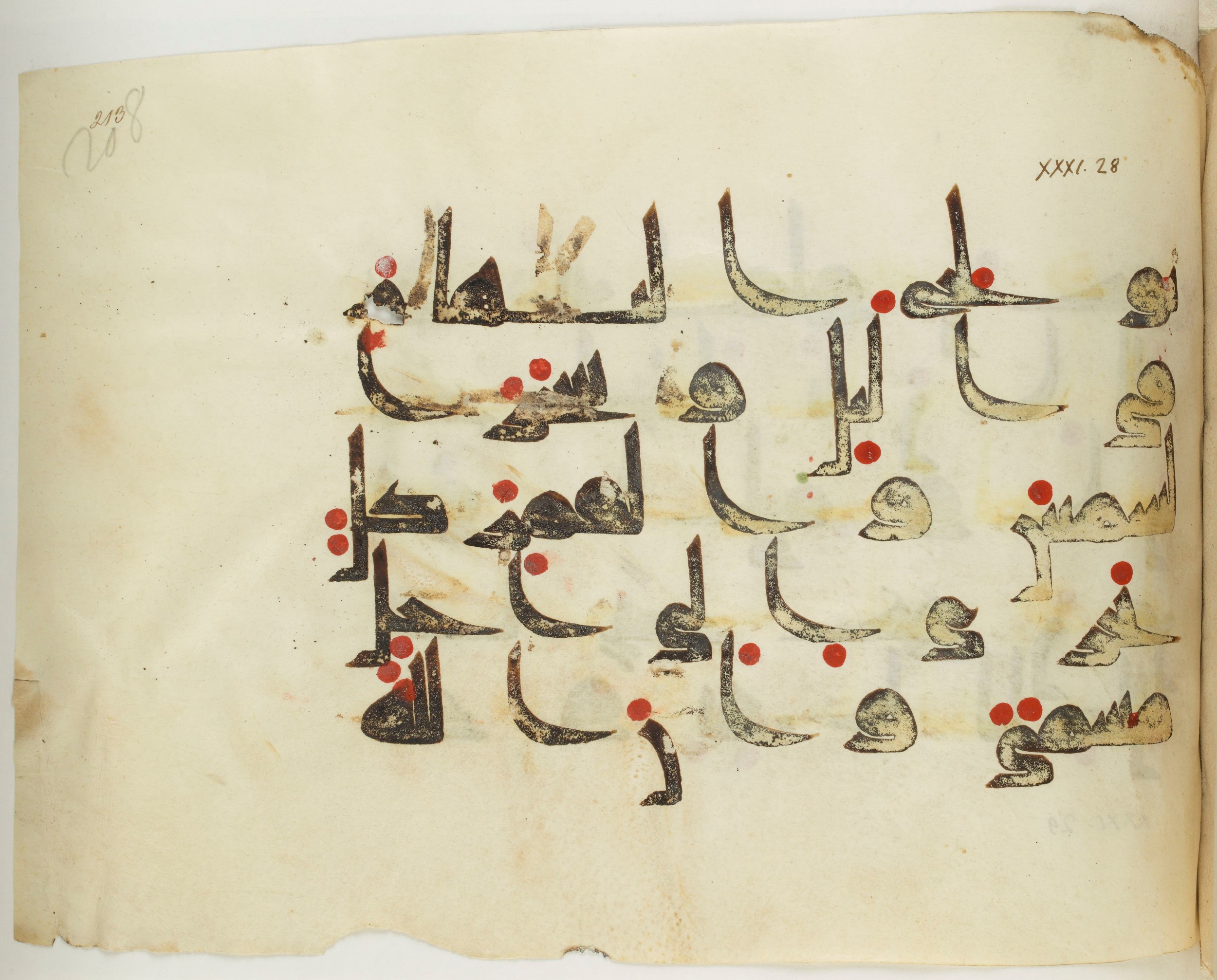 BNF Arabe 351 (Scan 2), in Kufic D.III script, showing Surah 31:29 from Mid 8th to Late 10th Century AD found in Mosque of ʿAmr b. al-ʿĀṣ in Fusṭāṭ (Old Cairo), Egypt, currently housed at Bibliothèque nationale de France, Paris