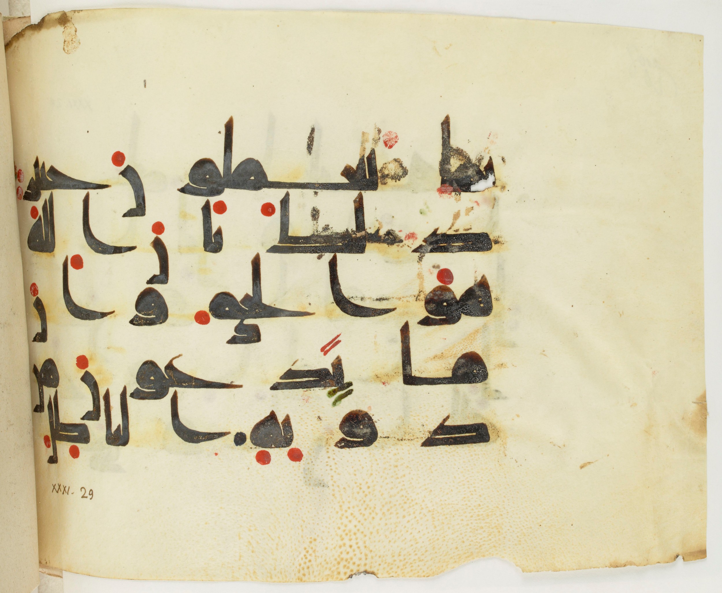 BNF Arabe 351, in Kufic D.III script, showing Surah 31:30 from Mid 8th to Late 10th Century AD found in Mosque of ʿAmr b. al-ʿĀṣ in Fusṭāṭ (Old Cairo), Egypt, currently housed at Bibliothèque nationale de France, Paris