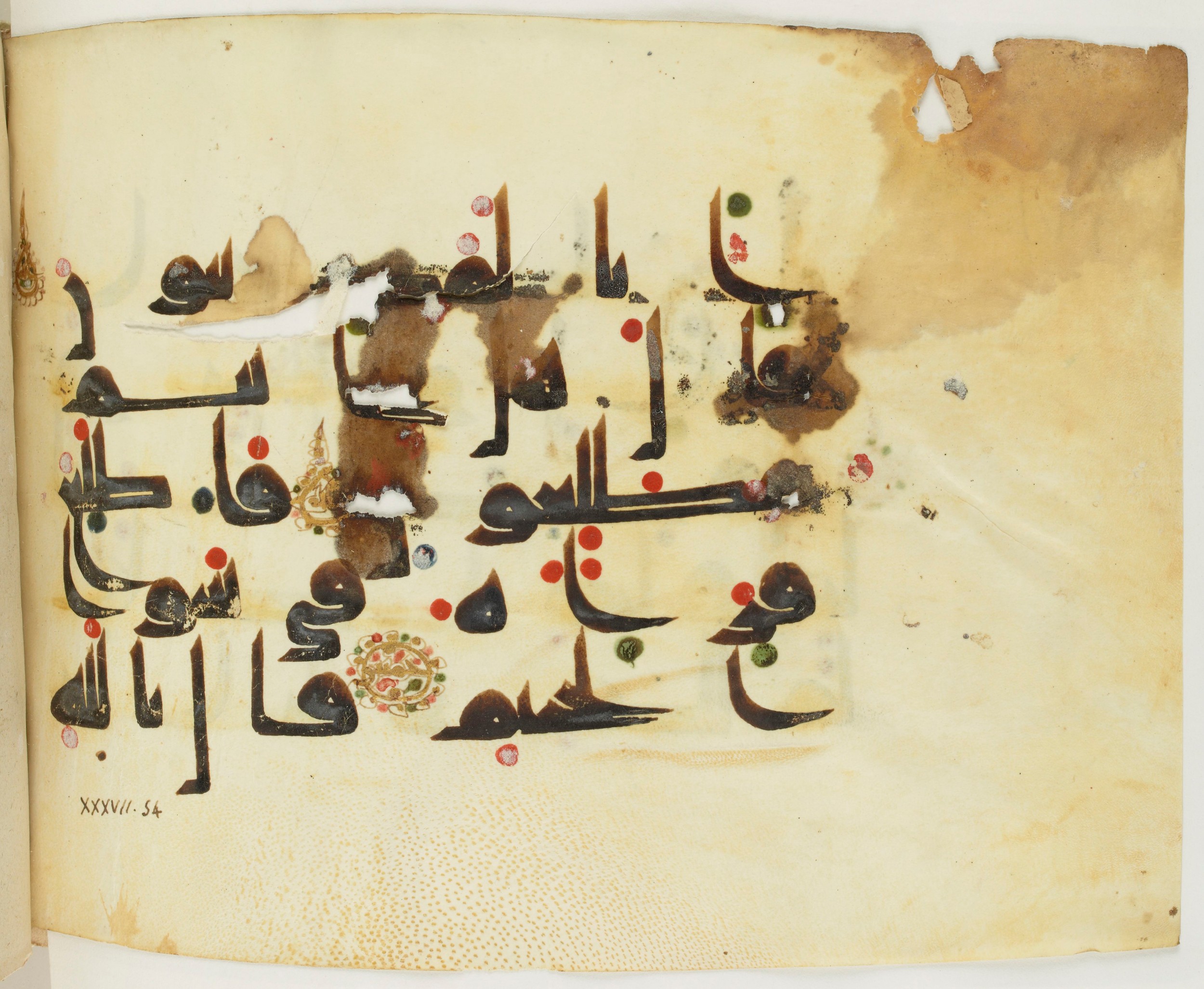 BNF Arabe 351 (Scan 2), in Kufic D.III script, showing Surah 37:53 from Mid 8th to Late 10th Century AD found in Mosque of ʿAmr b. al-ʿĀṣ in Fusṭāṭ (Old Cairo), Egypt, currently housed at Bibliothèque nationale de France, Paris