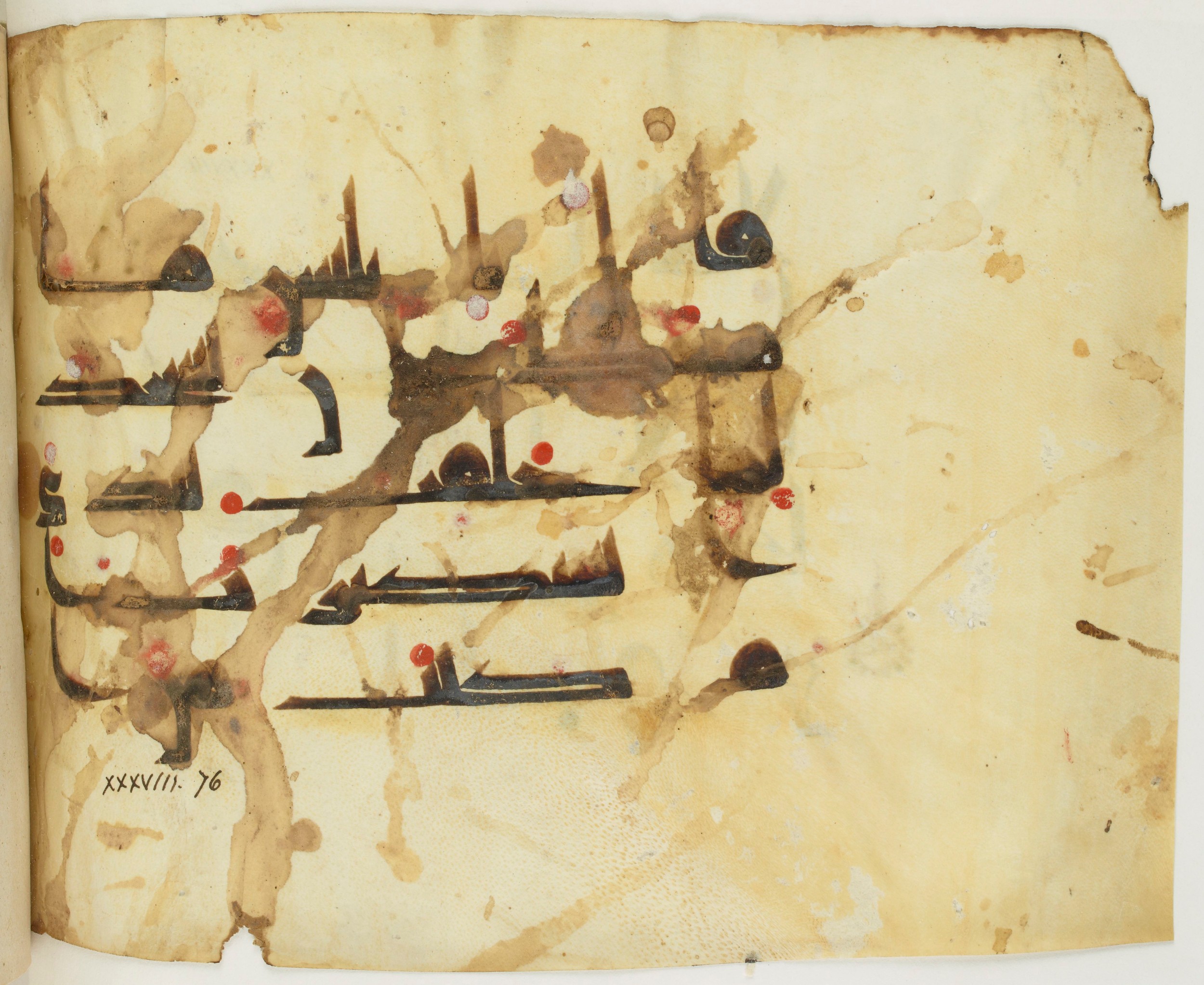 BNF Arabe 351, in Kufic D.III script, showing Surah 38:75 from Mid 8th to Late 10th Century AD found in Mosque of ʿAmr b. al-ʿĀṣ in Fusṭāṭ (Old Cairo), Egypt, currently housed at Bibliothèque nationale de France, Paris