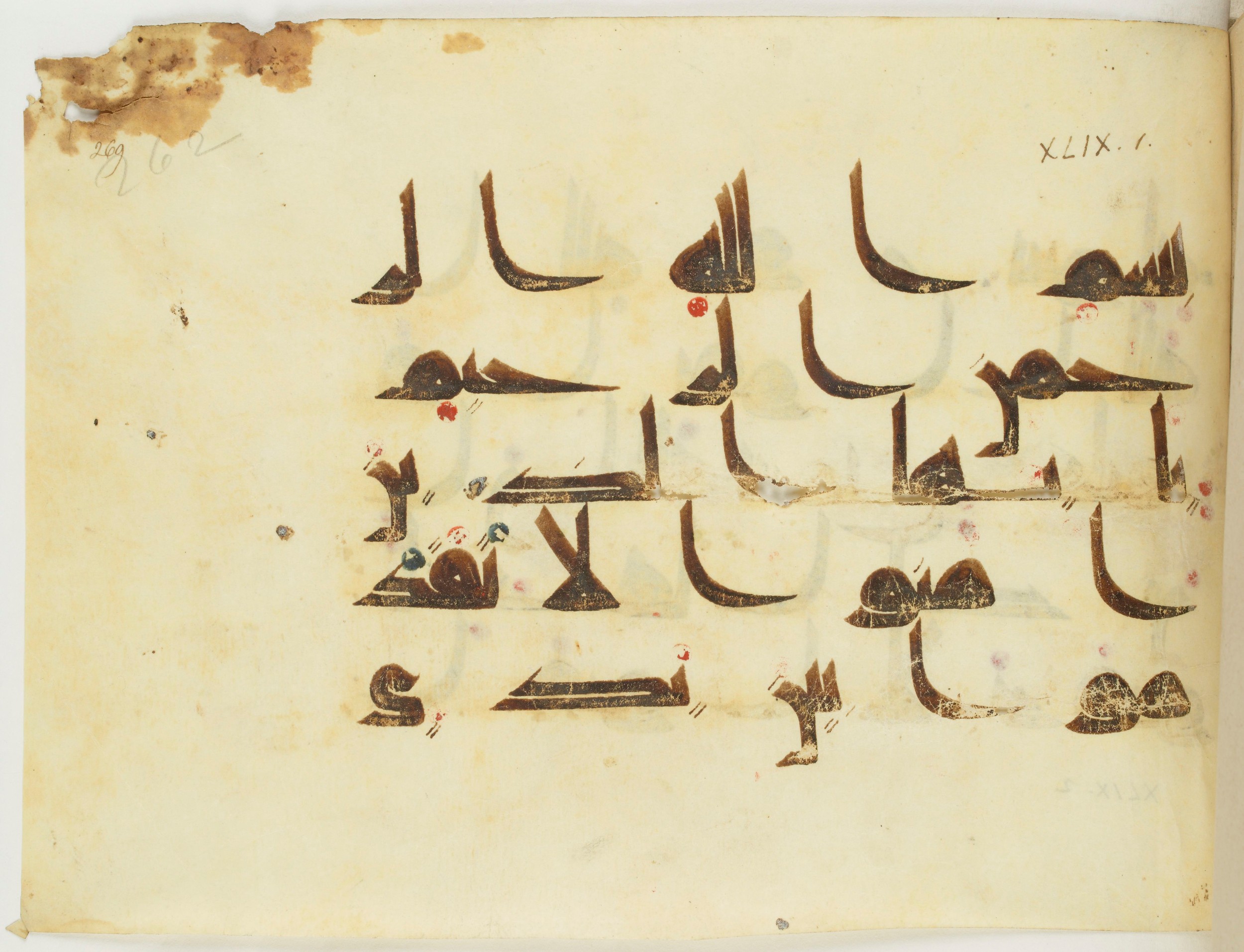 BNF Arabe 351 (Scan 1), in Kufic D.III script, showing Surah 49:1 from Mid 8th to Late 10th Century AD found in Mosque of ʿAmr b. al-ʿĀṣ in Fusṭāṭ (Old Cairo), Egypt, currently housed at Bibliothèque nationale de France, Paris