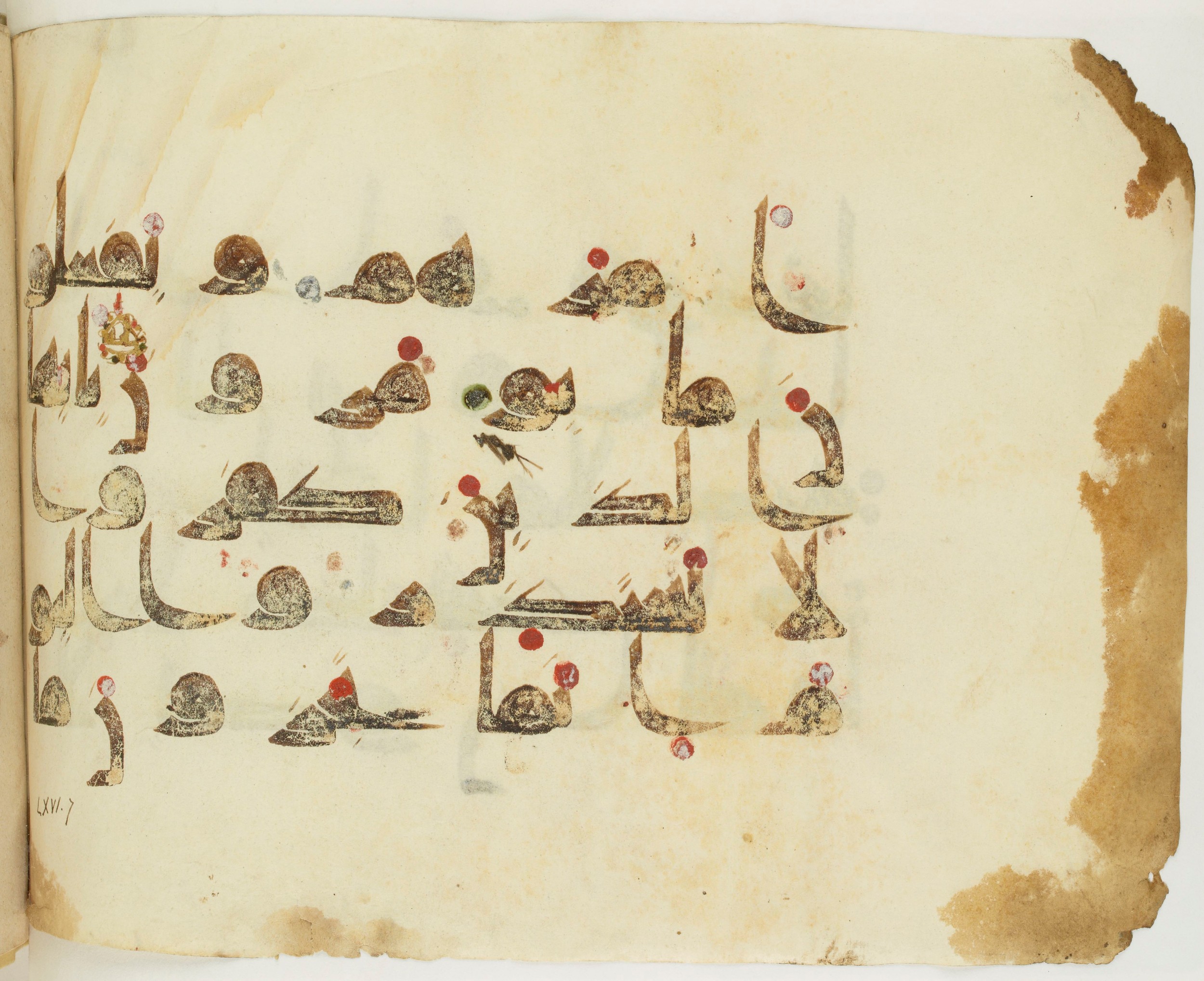 BNF Arabe 351 (Scan 1), in Kufic D.III script, showing Surah 66:7 from Mid 8th to Late 10th Century AD found in Mosque of ʿAmr b. al-ʿĀṣ in Fusṭāṭ (Old Cairo), Egypt, currently housed at Bibliothèque nationale de France, Paris