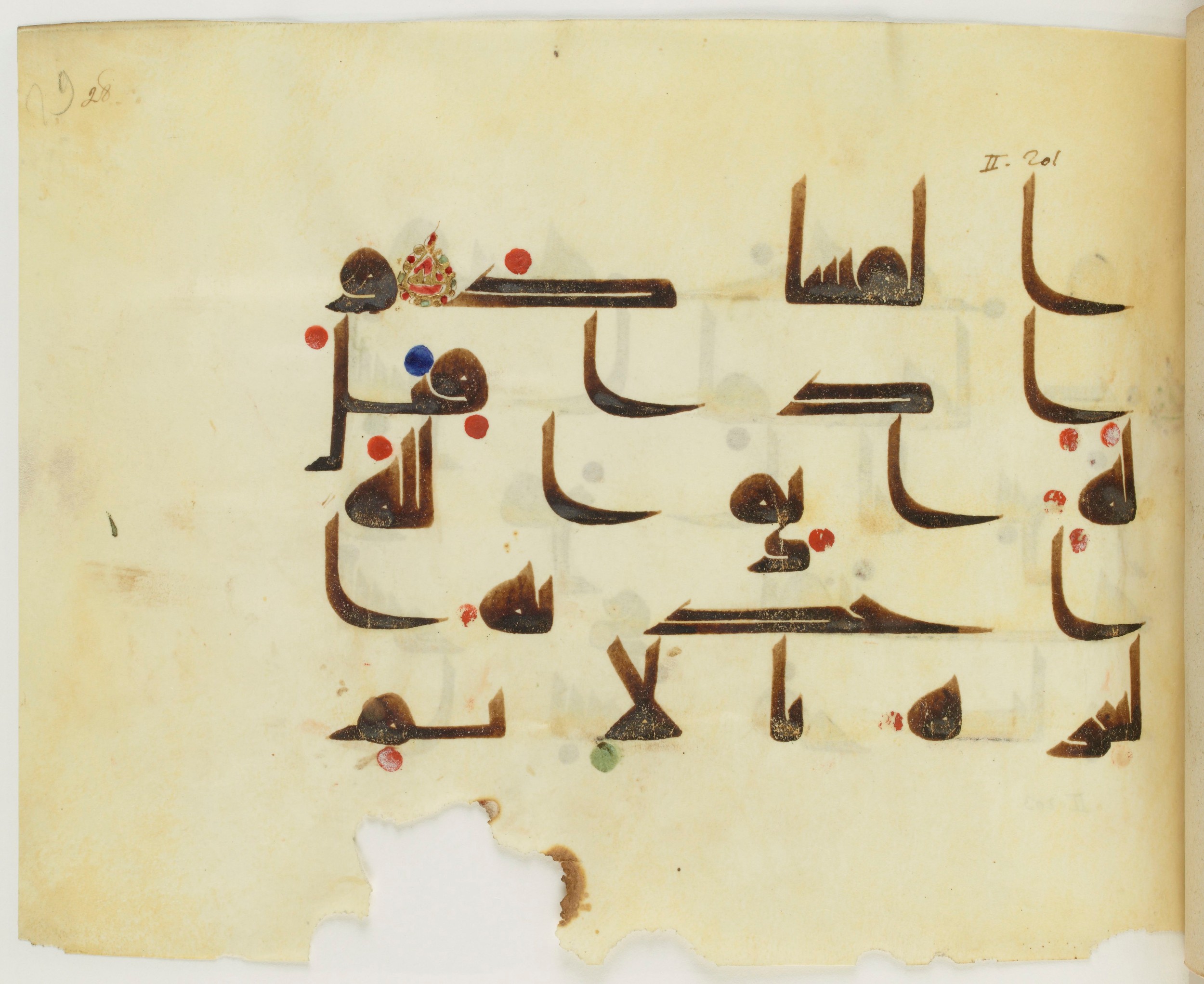 BNF Arabe 351 (Scan 3), in Kufic D.III script, showing Surah 2:205 from Mid 8th to Late 10th Century AD found in Mosque of ʿAmr b. al-ʿĀṣ in Fusṭāṭ (Old Cairo), Egypt, currently housed at Bibliothèque nationale de France, Paris