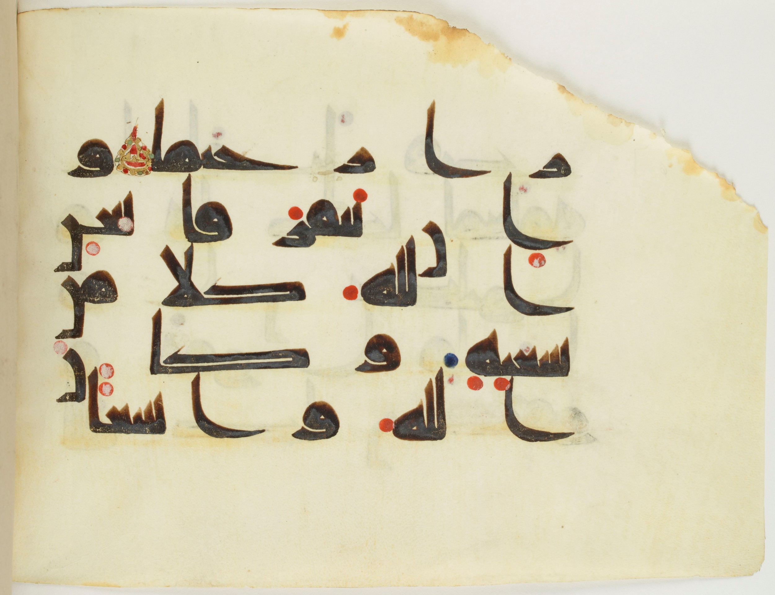 BNF Arabe 351 (Scan 3), in Kufic D.III script, showing Surah 4:129 from Mid 8th to Late 10th Century AD found in Mosque of ʿAmr b. al-ʿĀṣ in Fusṭāṭ (Old Cairo), Egypt, currently housed at Bibliothèque nationale de France, Paris