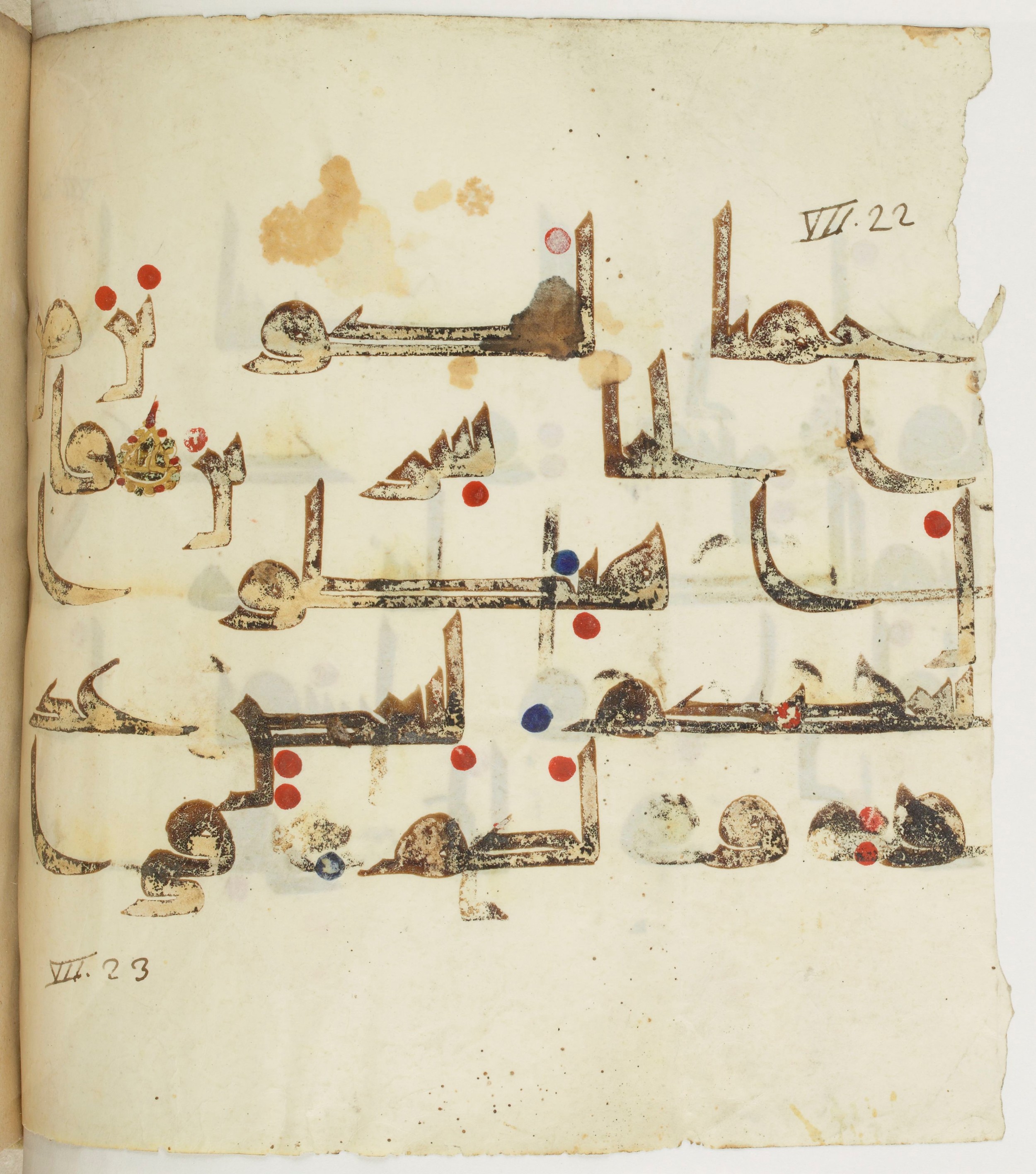 BNF Arabe 351 (Scan 2), in Kufic D.III script, showing Surah 7:23 from Mid 8th to Late 10th Century AD found in Mosque of ʿAmr b. al-ʿĀṣ in Fusṭāṭ (Old Cairo), Egypt, currently housed at Bibliothèque nationale de France, Paris