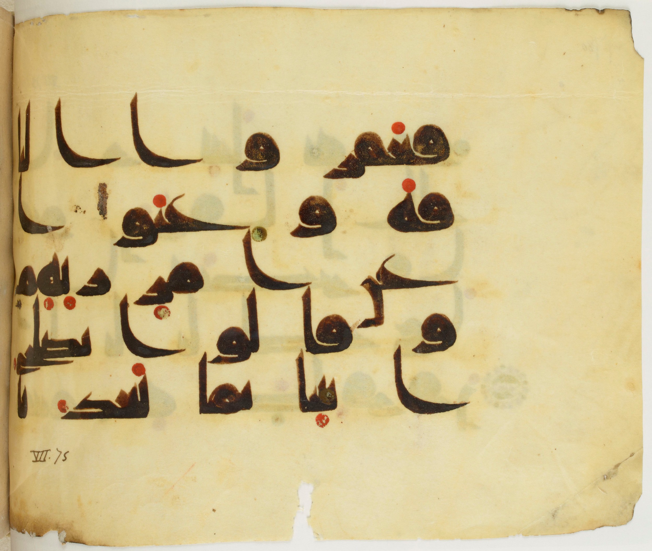 BNF Arabe 351 (Scan 1), in Kufic D.III script, showing Surah 7:77 from Mid 8th to Late 10th Century AD found in Mosque of ʿAmr b. al-ʿĀṣ in Fusṭāṭ (Old Cairo), Egypt, currently housed at Bibliothèque nationale de France, Paris