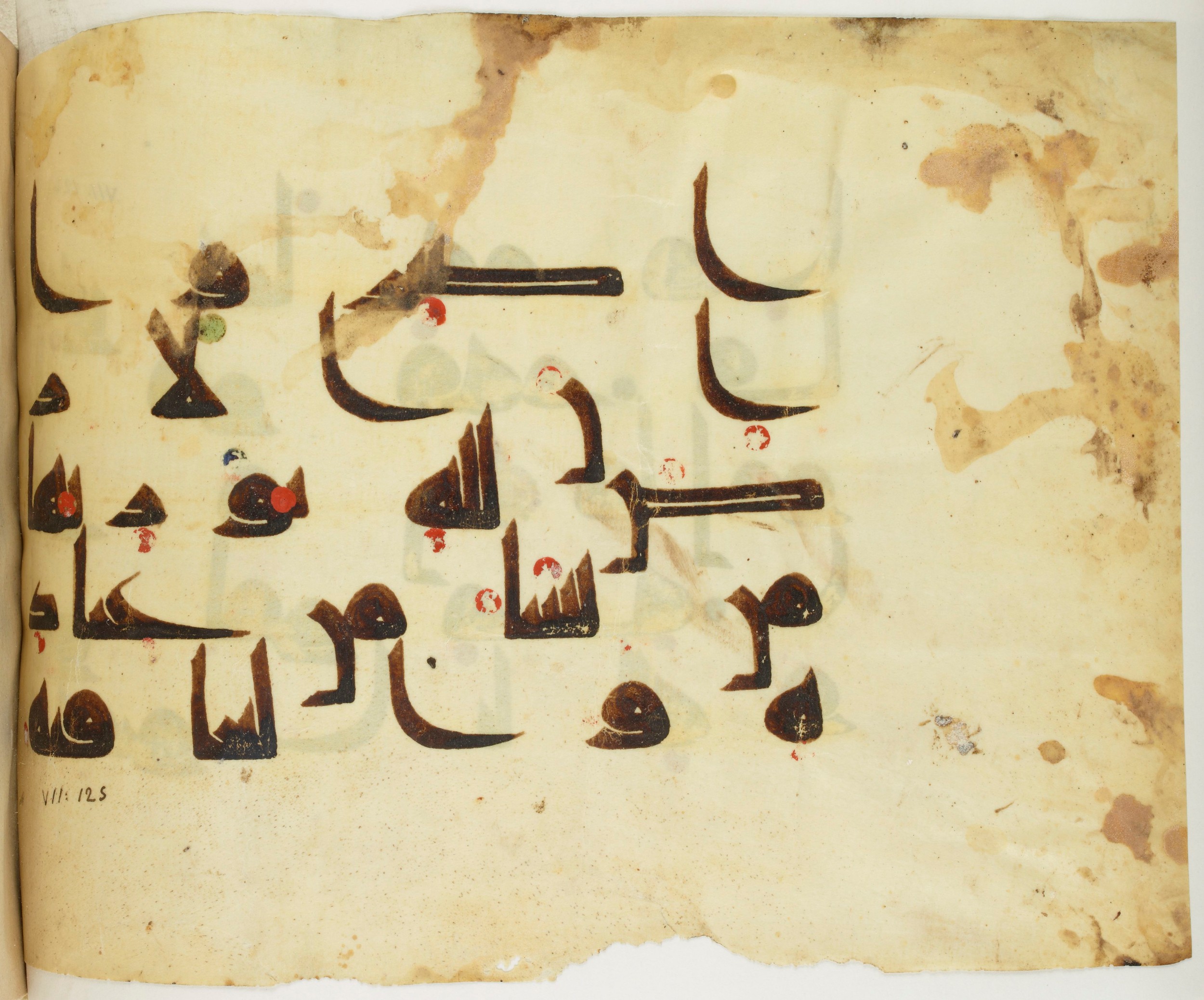 BNF Arabe 351 (Scan 2), in Kufic D.III script, showing Surah 7:128 from Mid 8th to Late 10th Century AD found in Mosque of ʿAmr b. al-ʿĀṣ in Fusṭāṭ (Old Cairo), Egypt, currently housed at Bibliothèque nationale de France, Paris