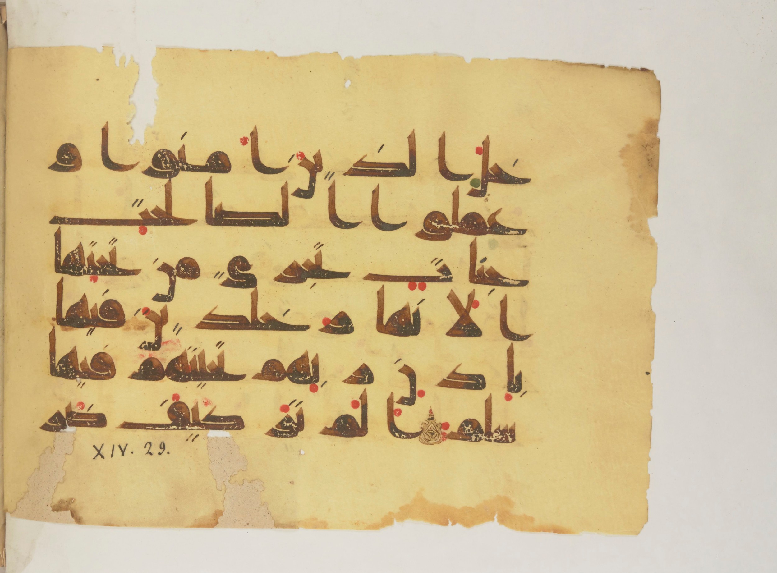 Paris, Bibliothèque nationale de France, Arabe 352 (g) (Scan 2), in Kufic D.I script, showing Surah 14:23 from Mid 8th to Late 10th Century AD found in Fustat (Old Cairo), Egypt, currently housed at Bibliothèque nationale de France, Paris