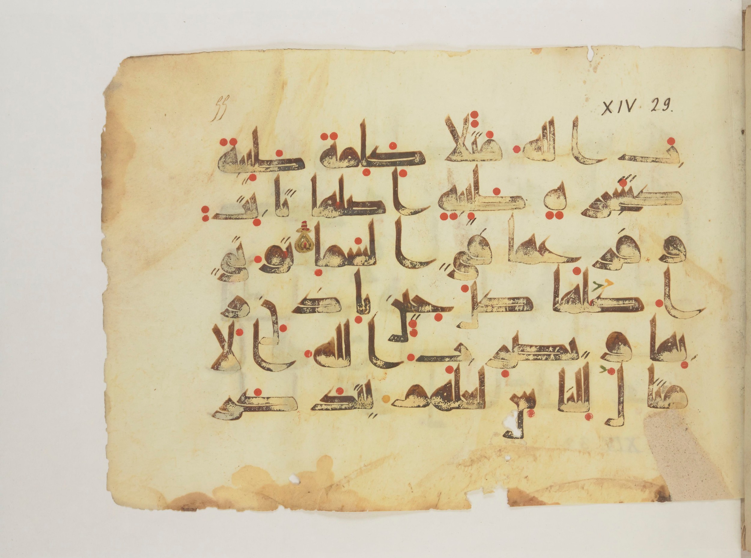 Paris, Bibliothèque nationale de France, Arabe 352 (g) (Scan 2), in Kufic D.I script, showing Surah 14:24 from Mid 8th to Late 10th Century AD found in Fustat (Old Cairo), Egypt, currently housed at Bibliothèque nationale de France, Paris