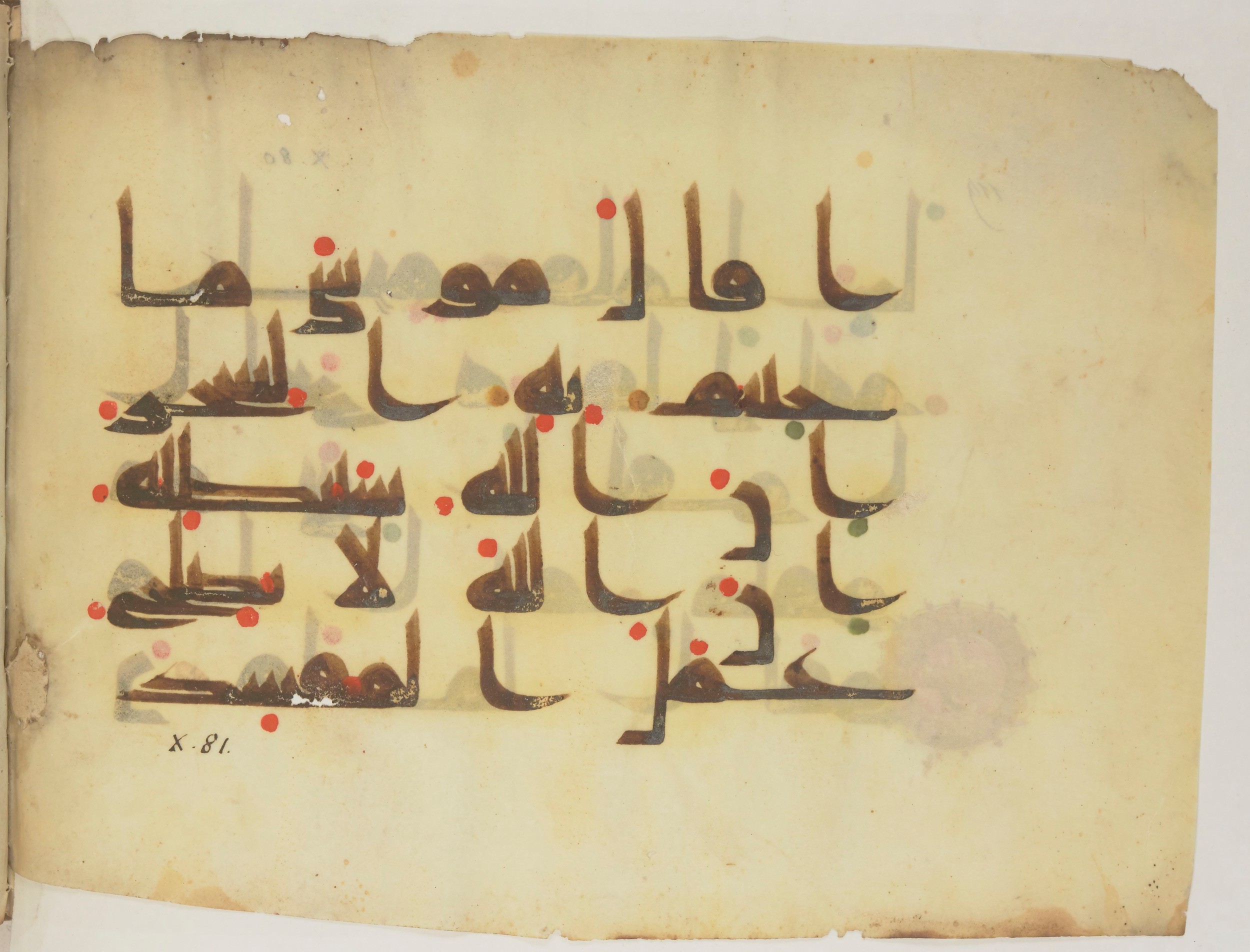 Paris, Bibliothèque nationale de France, Arabe 352 (h) (Scan 2), in kūfī D.I / D.III script, showing Surah 10:81 from Mid-8th to Late 10th Century AD found in Fustat (Old Cairo), Egypt, currently housed at Bibliothèque nationale de France, Paris